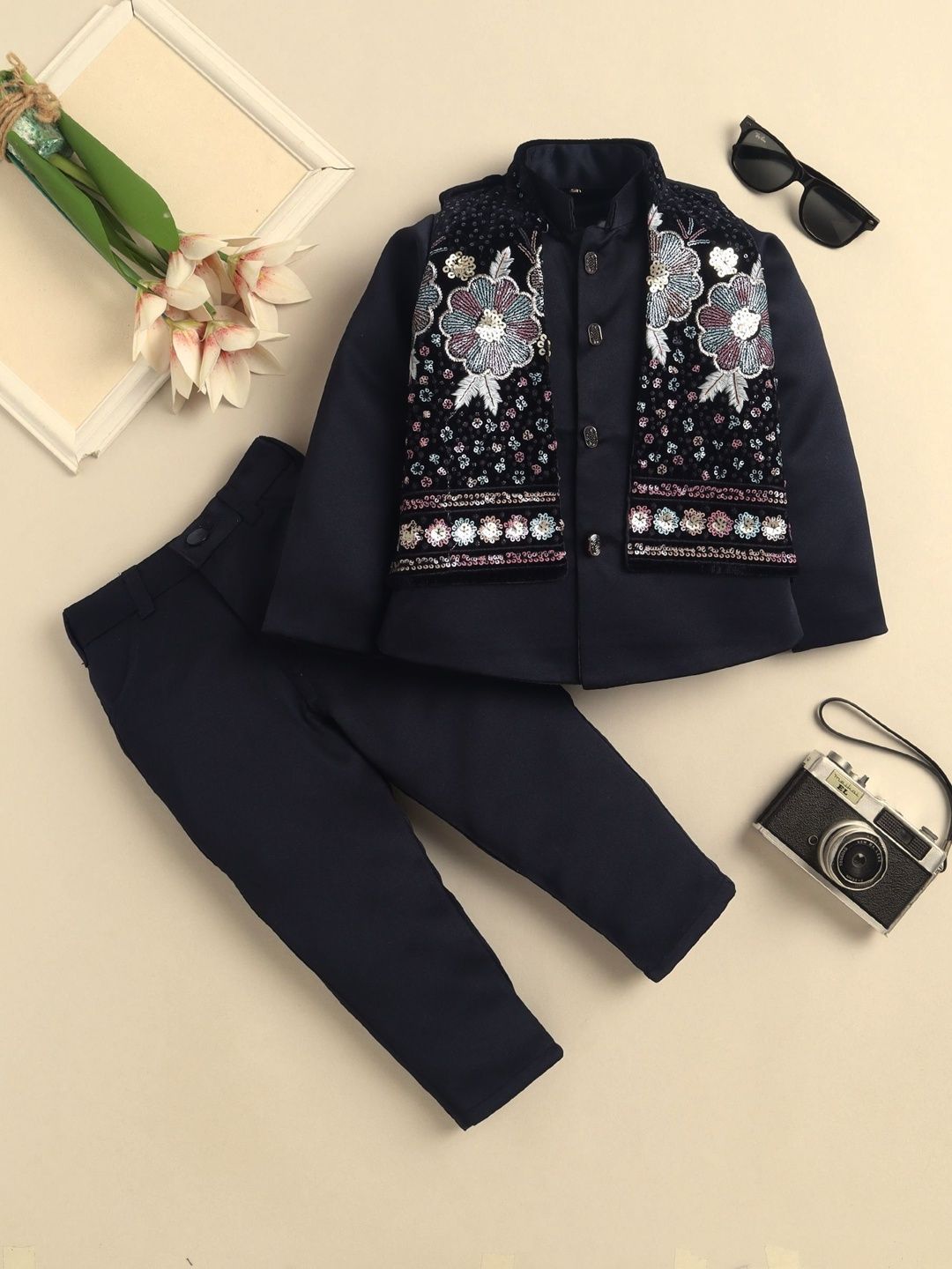 Sangria Boys Embroidered Mandarin Collar Sherwani Set with Embroidered Jacket