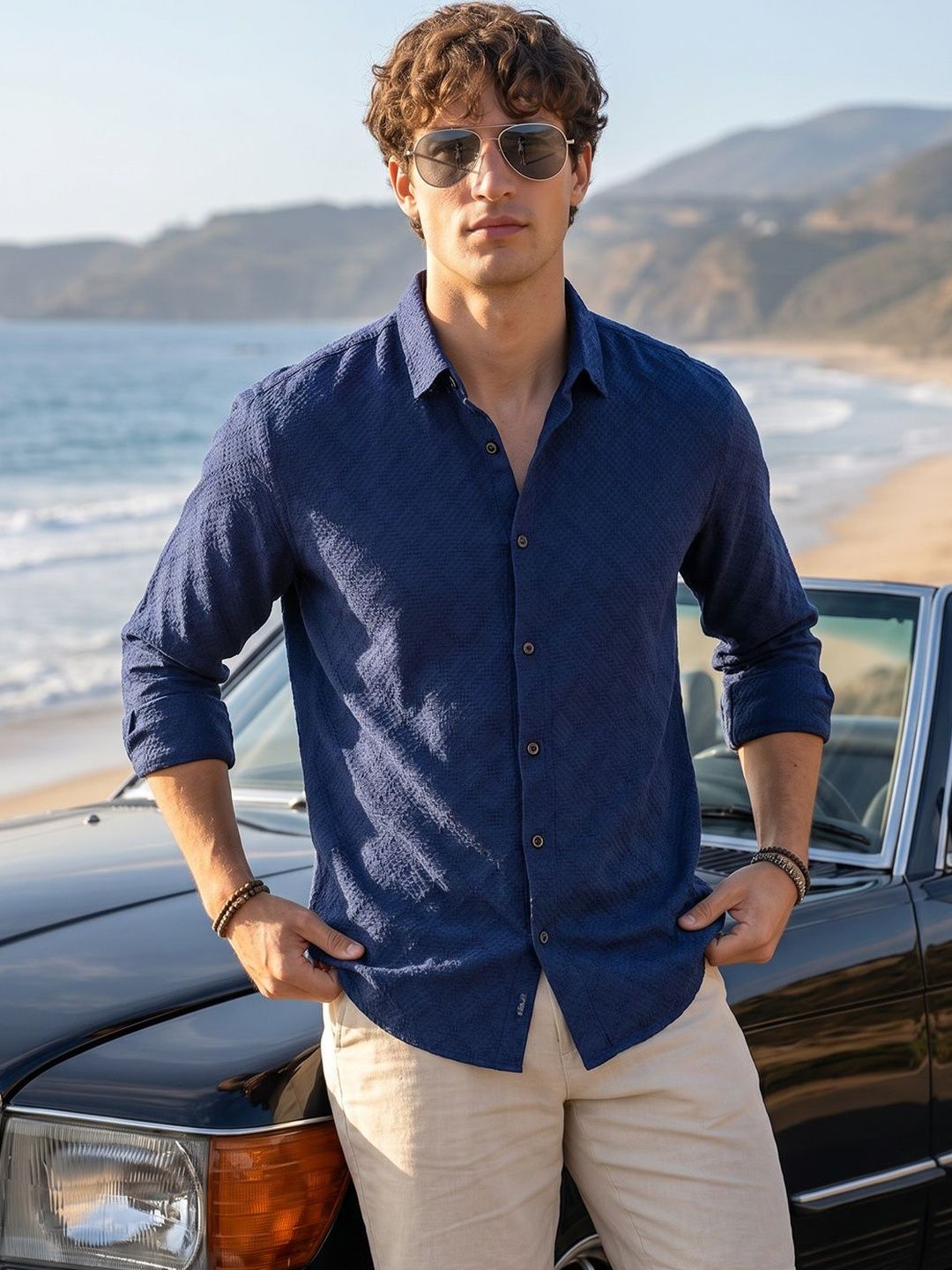 The Indian Garage Co Men Regular Fit Dobby Textured Resortwear Shirt