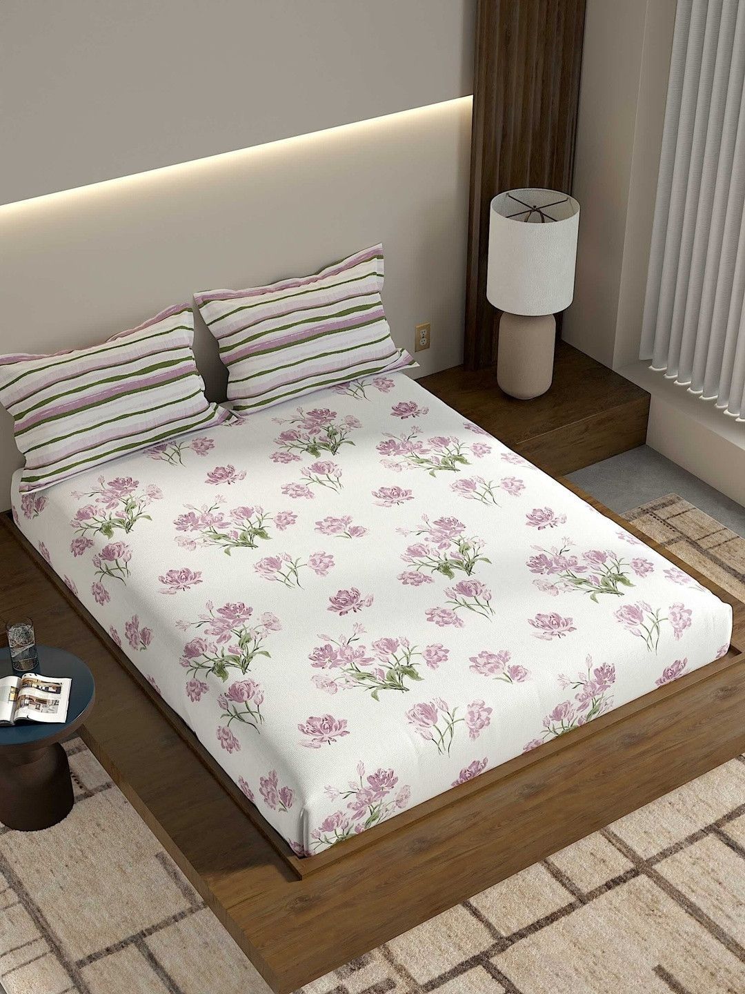 Pure Decor Pure Decor White Floral 180 TC Pure Cotton King Double Bedsheet & 2 Pillow Covers