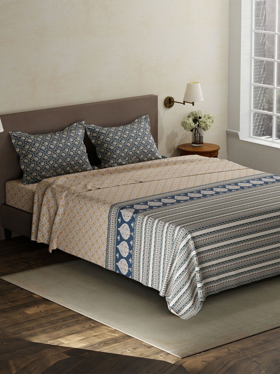 Pure Cotton King Bedsheet Layers BasicX Blue Floral Pure Cotton 120 TC King Bedsheet & Pillow Covers 108" x 108"