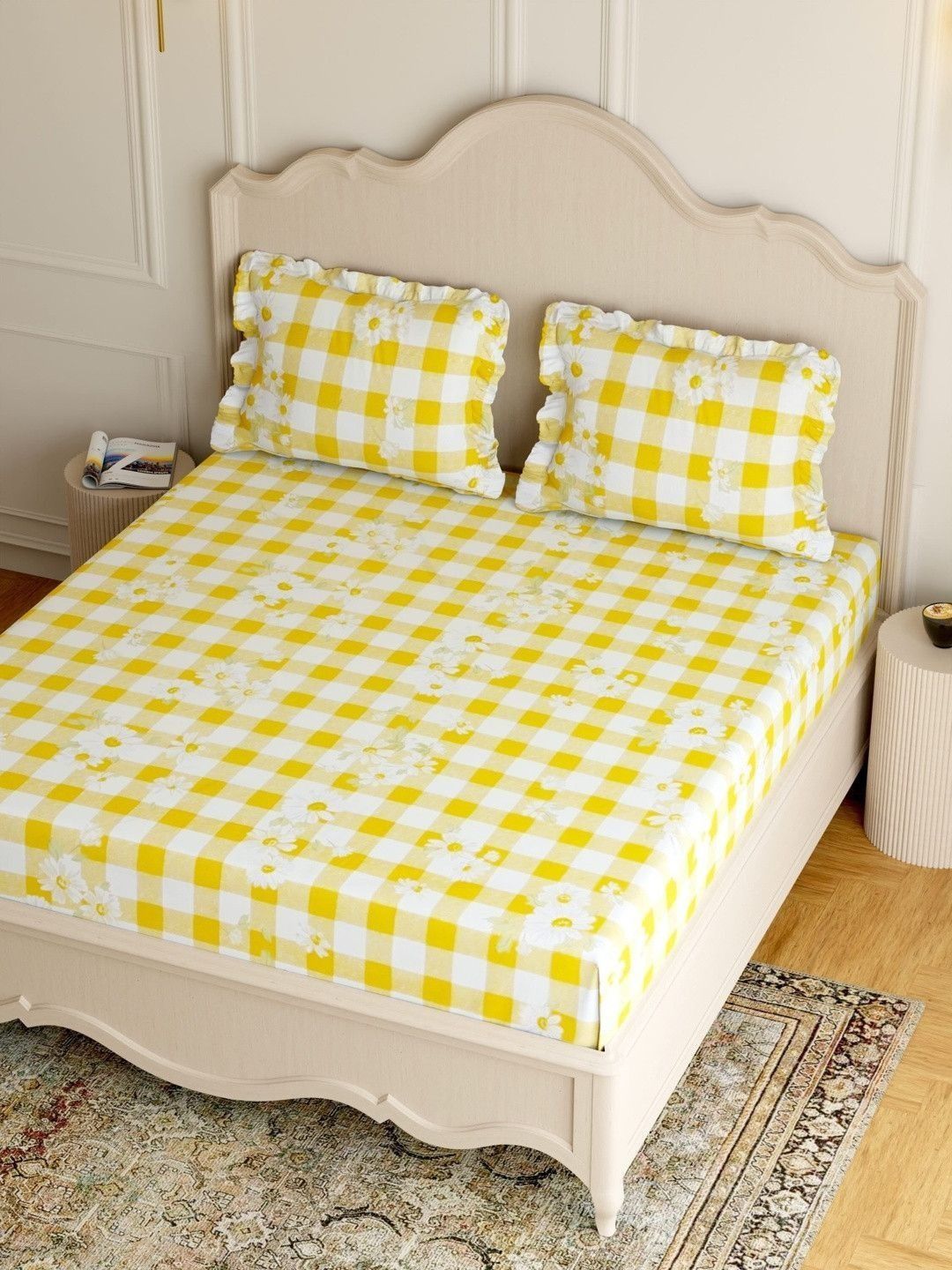 Pure Decor White Cotton Feel King Elastic Fitted Double Bedsheet With 2 Frill Pillow Cover