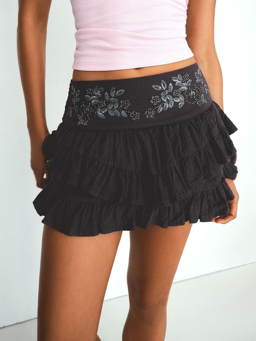 Mini Pure Cotton Skirt With Ruffles And Shimmery Waistband