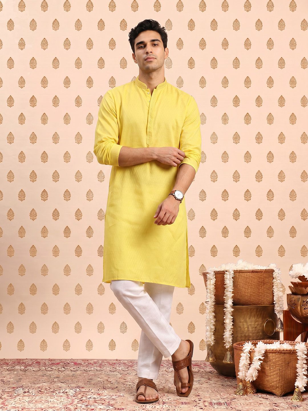 SOURAGYA SOURAGYA Geometric Woven Design Mandarin Collar Kurta