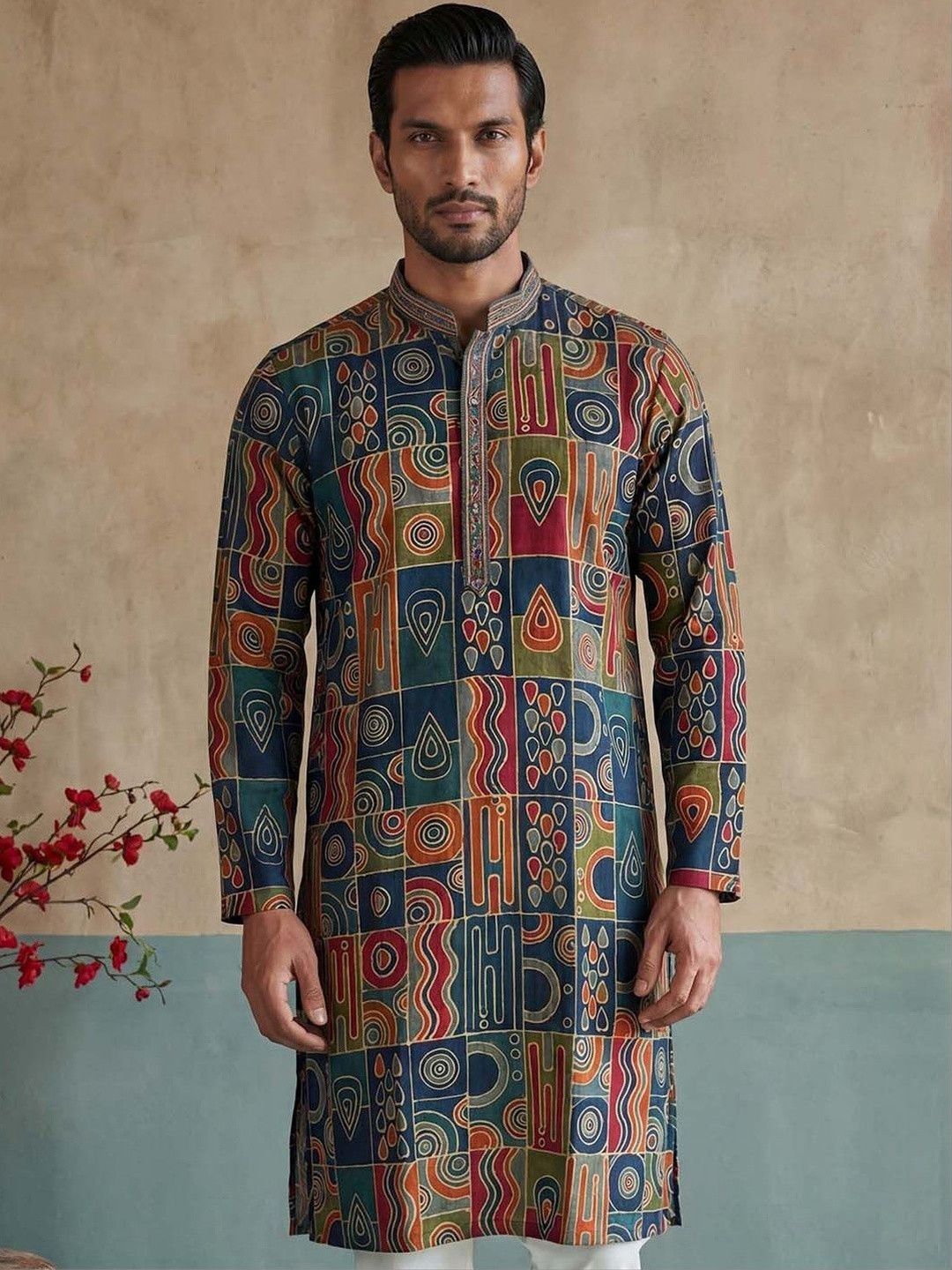 House of Pataudi Printed Mandarin Collar Knee Length Straight Kurta