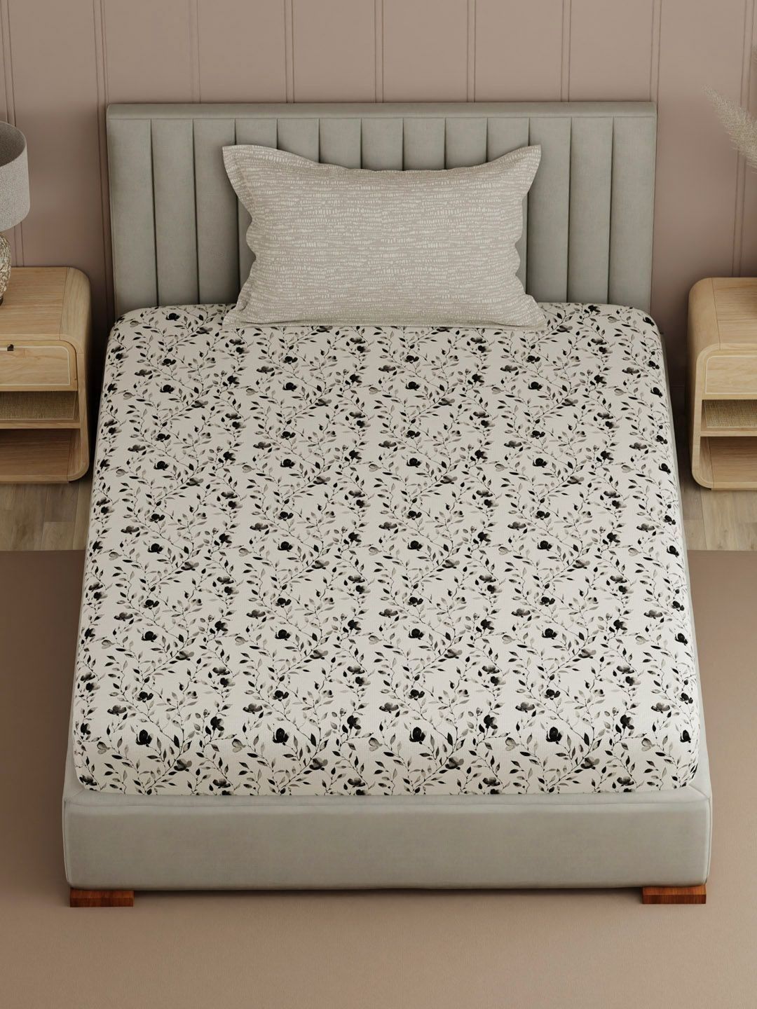 Boutique Living India Boutique Living India Off White Floral 200 TC Single Bedsheet with 1 Pillow Covers