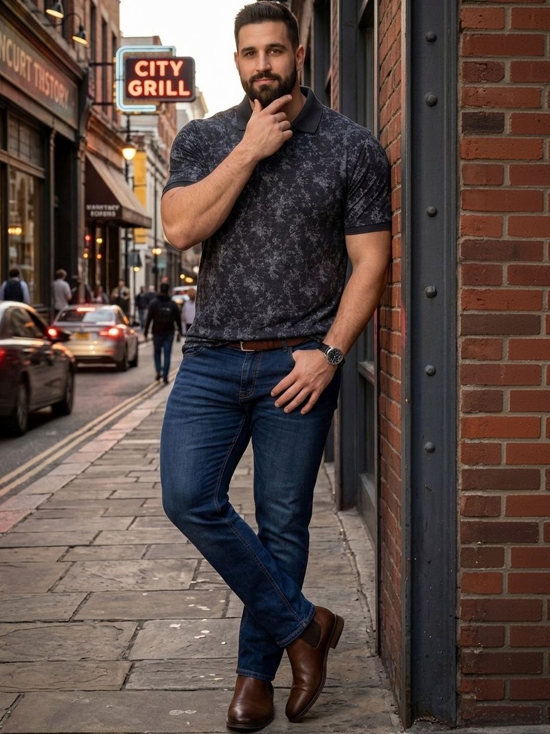 Sztori Men Floral Printed Polo Collar T-shirt