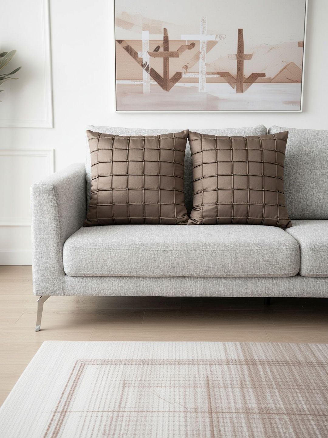 Themes Furnishings & Decor Themes Furnishings & Decor Brown Set of 2 Geometric Satin Square Cushion Covers