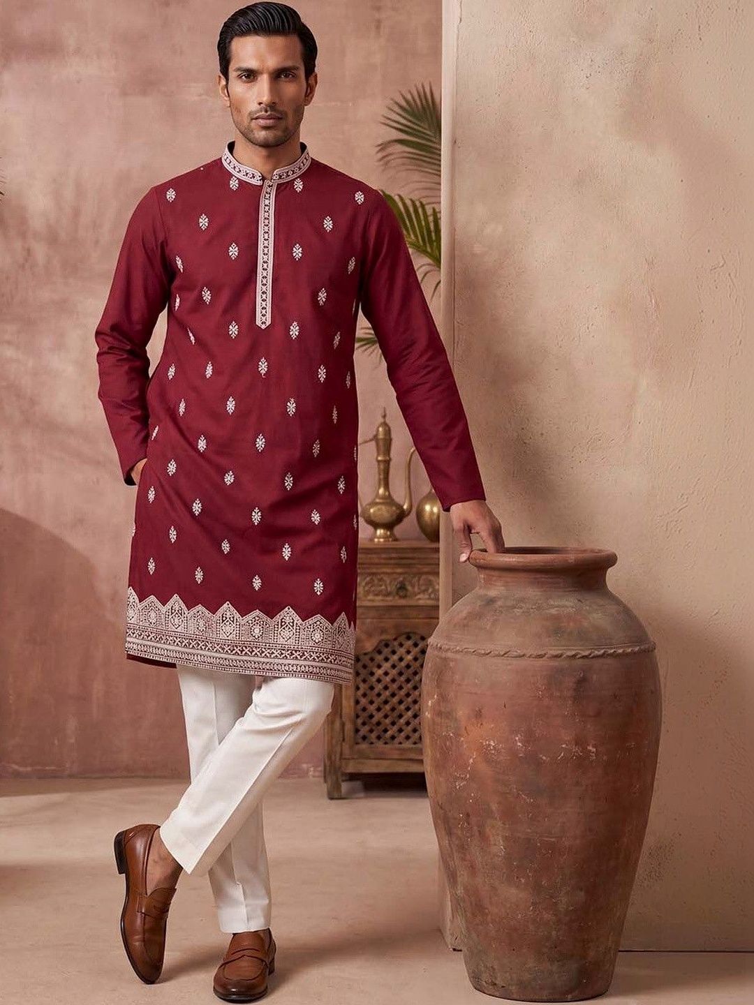 House of Pataudi Embroidered Mandarin Collar Calf Length Straight Kurtas