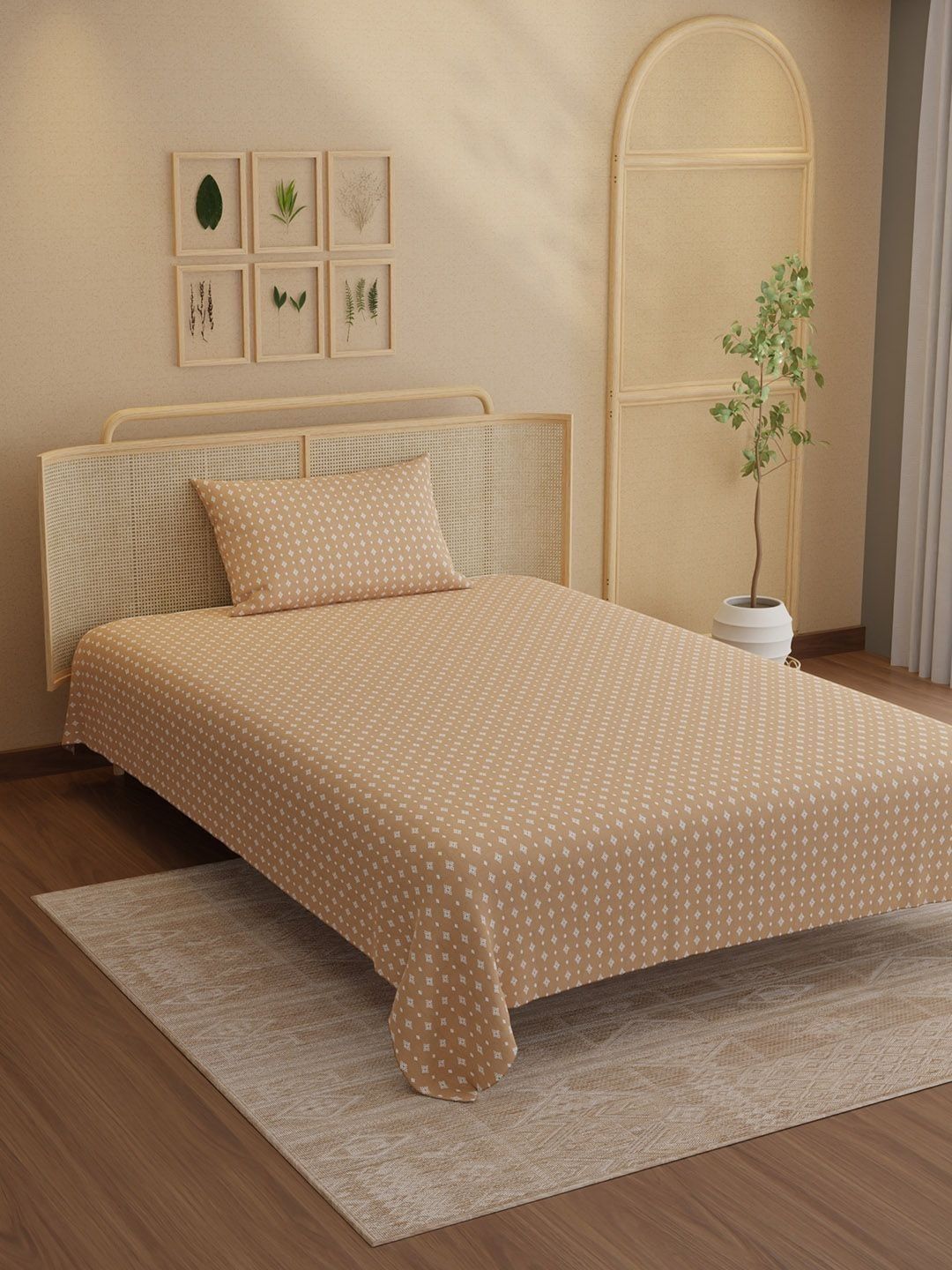 Boutique Living India Boutique Living India Beige Geometric 200 TC Single Bedsheet with 1 Pillow Covers