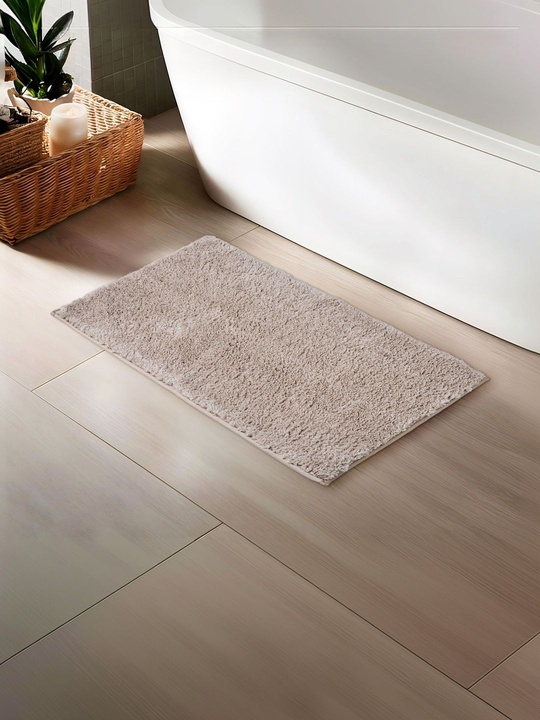 Home Centre Taupe-Colored Self-Design Anti-Slip Bath Rug