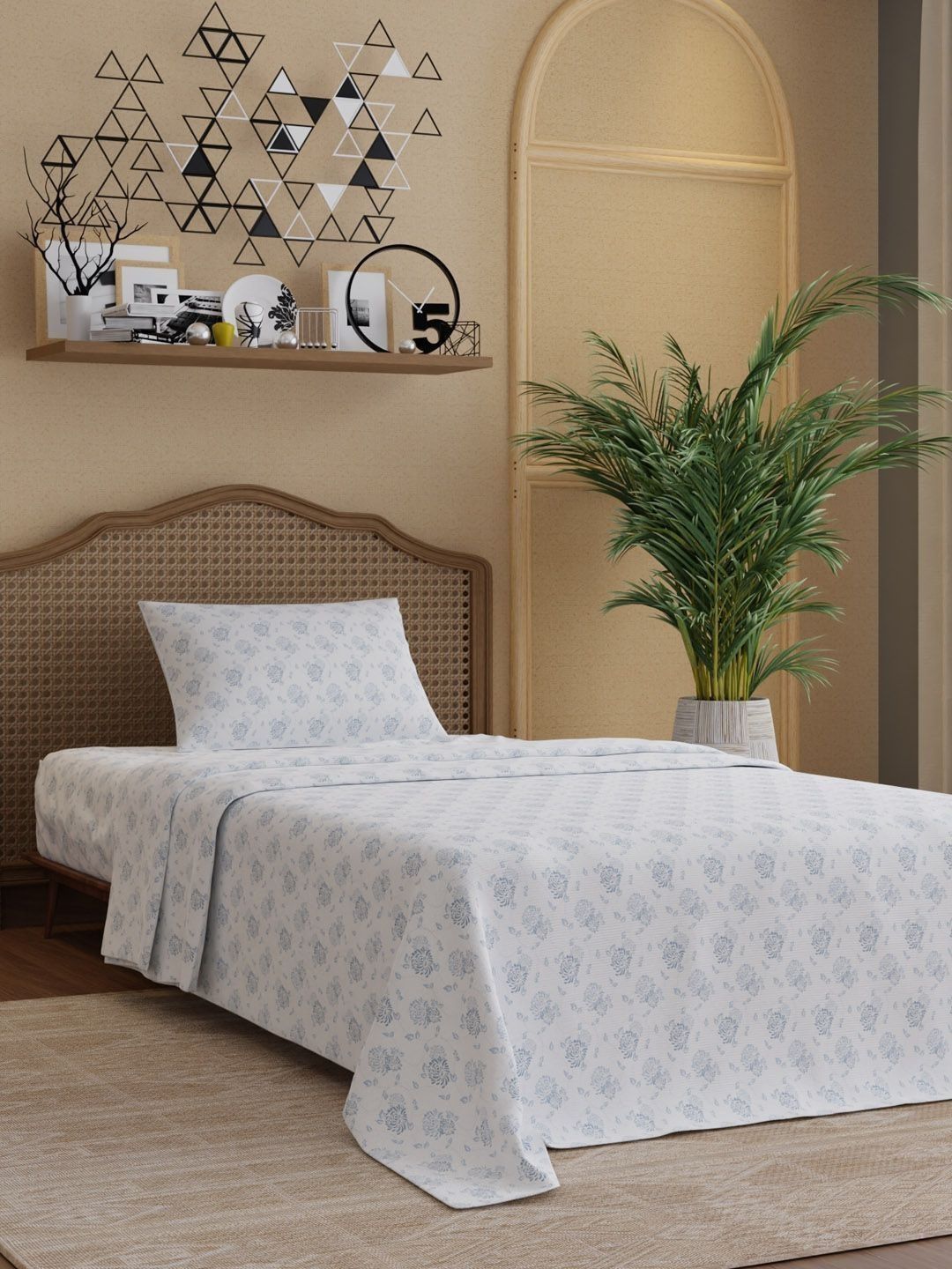 Boutique Living India Boutique Living India White Floral 300 TC Single Bedsheet with 1 Pillow Covers