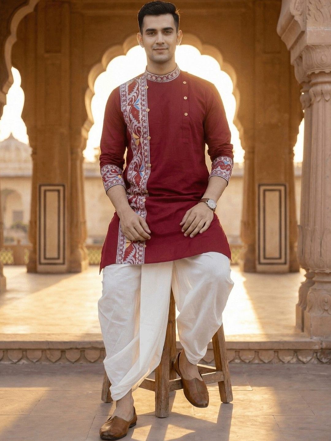 GOURI COLLECTIONS Men Cotton Jamdani Printed Straight Kurta