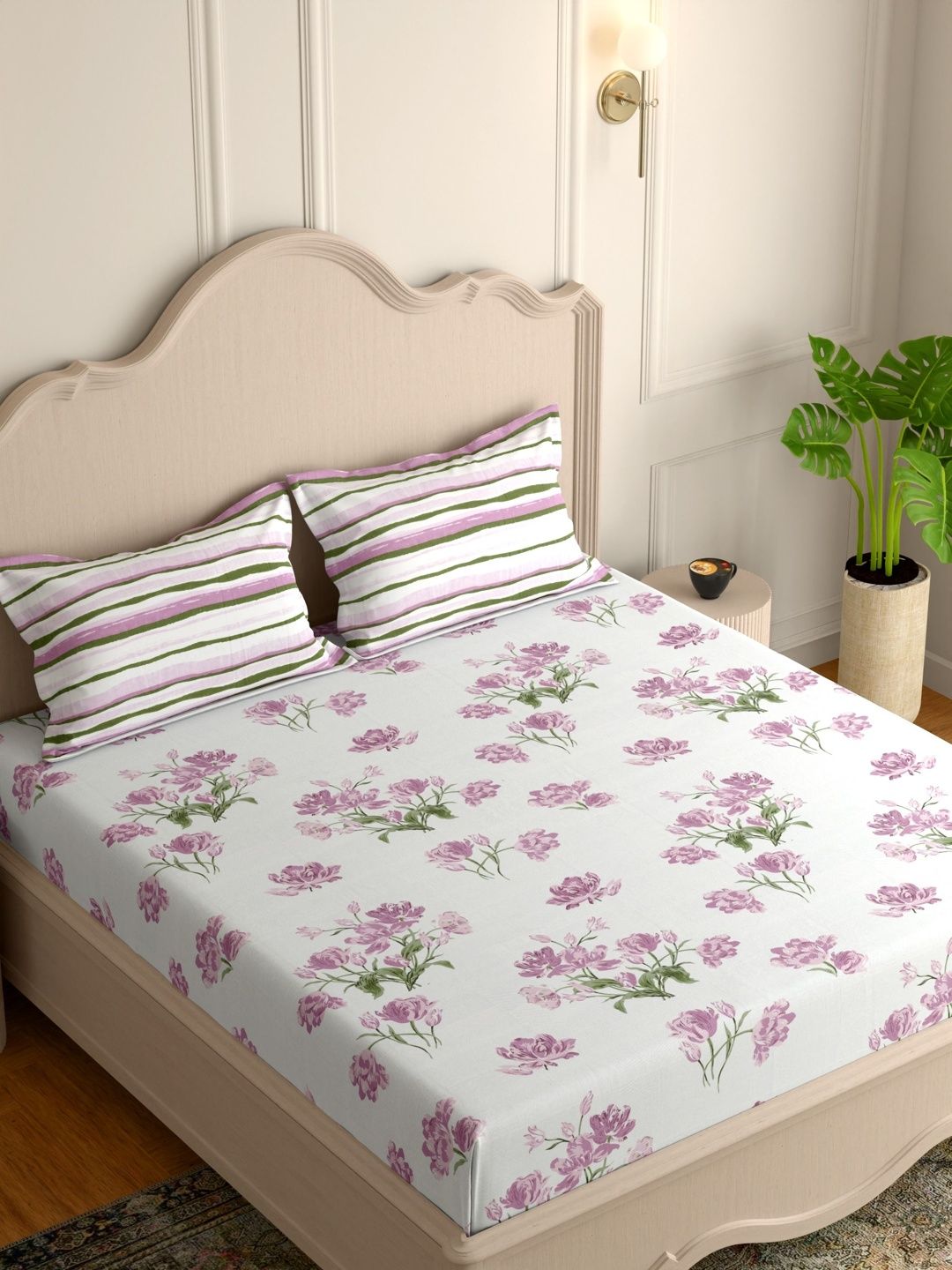 Pure Decor Pure Decor Glory Purple & Pink Floral Pure Cotton 180 TC King Double Bedsheet-2.54m X2.74m