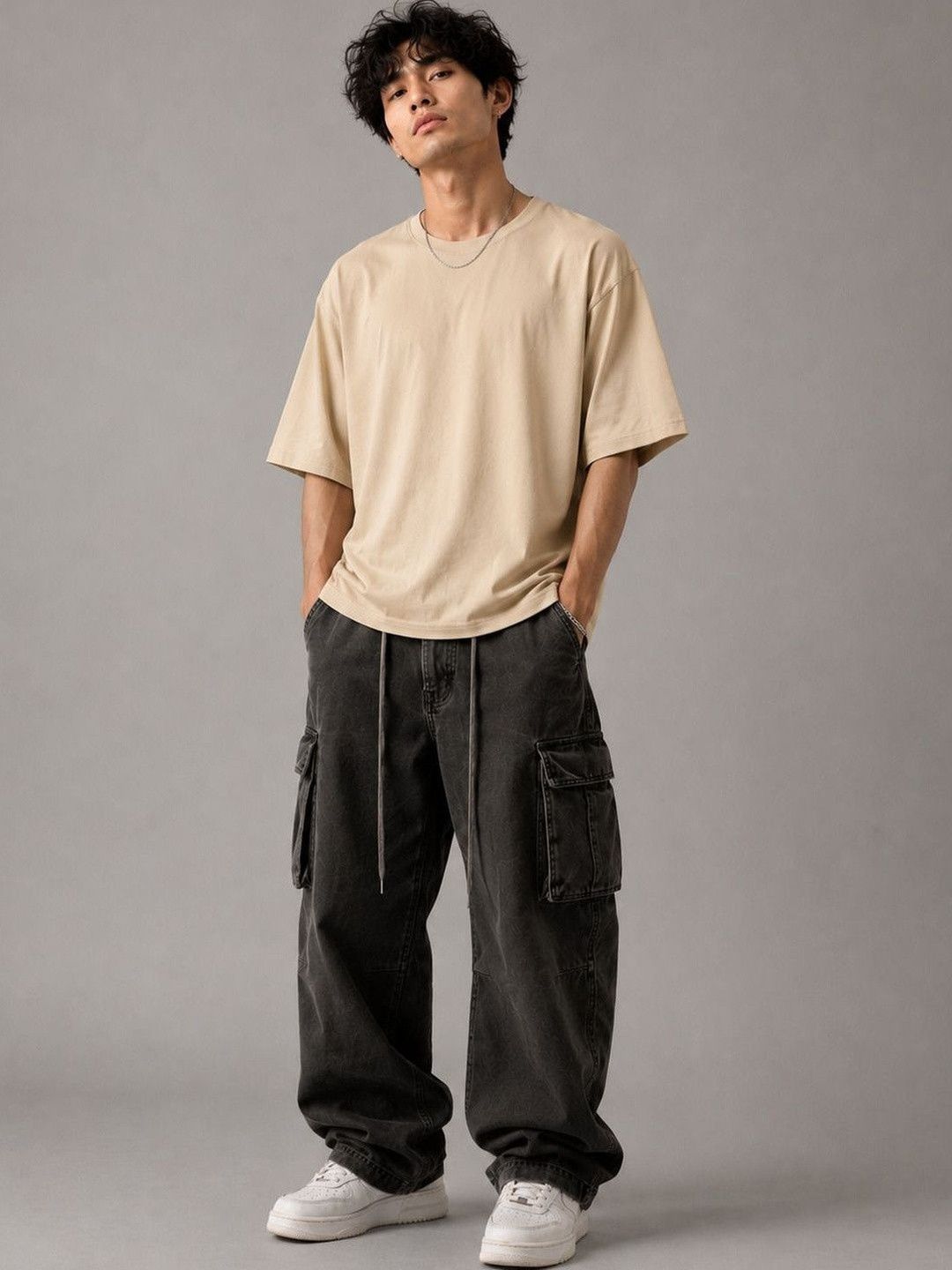 SMOKHEAD Men Oversized Round Neck Drop Shoulder Cotton Solid T-Shirt
