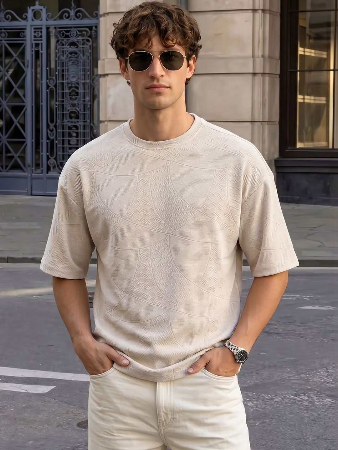 The Indian Garage Co Men Self Design Round Neck Oversized T-shirt