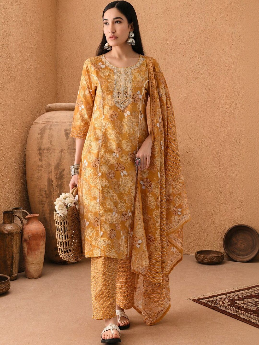 Women Printed Kurta with Trousers With Dupatta Sabhyata Women Ethnic Motifs Printed Regular Thread Work Kurta with Trousers & With Dupatta