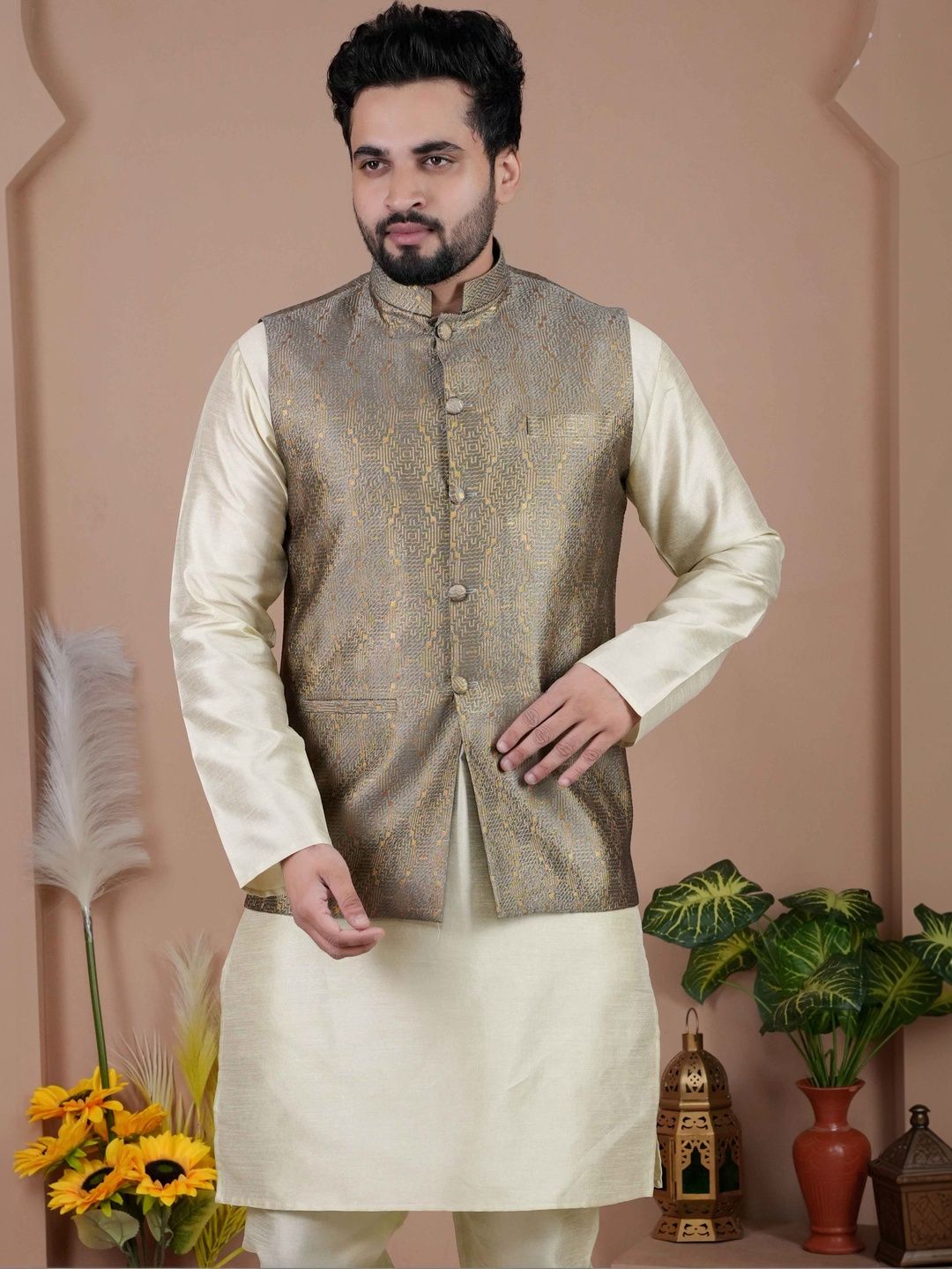 MODERN MUGHALS Woven Design Mandarin Collar Nehru Jackets