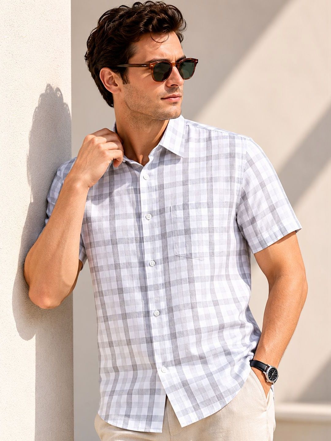 Hancock Men Checked Slim Fit Linen Formal Shirt