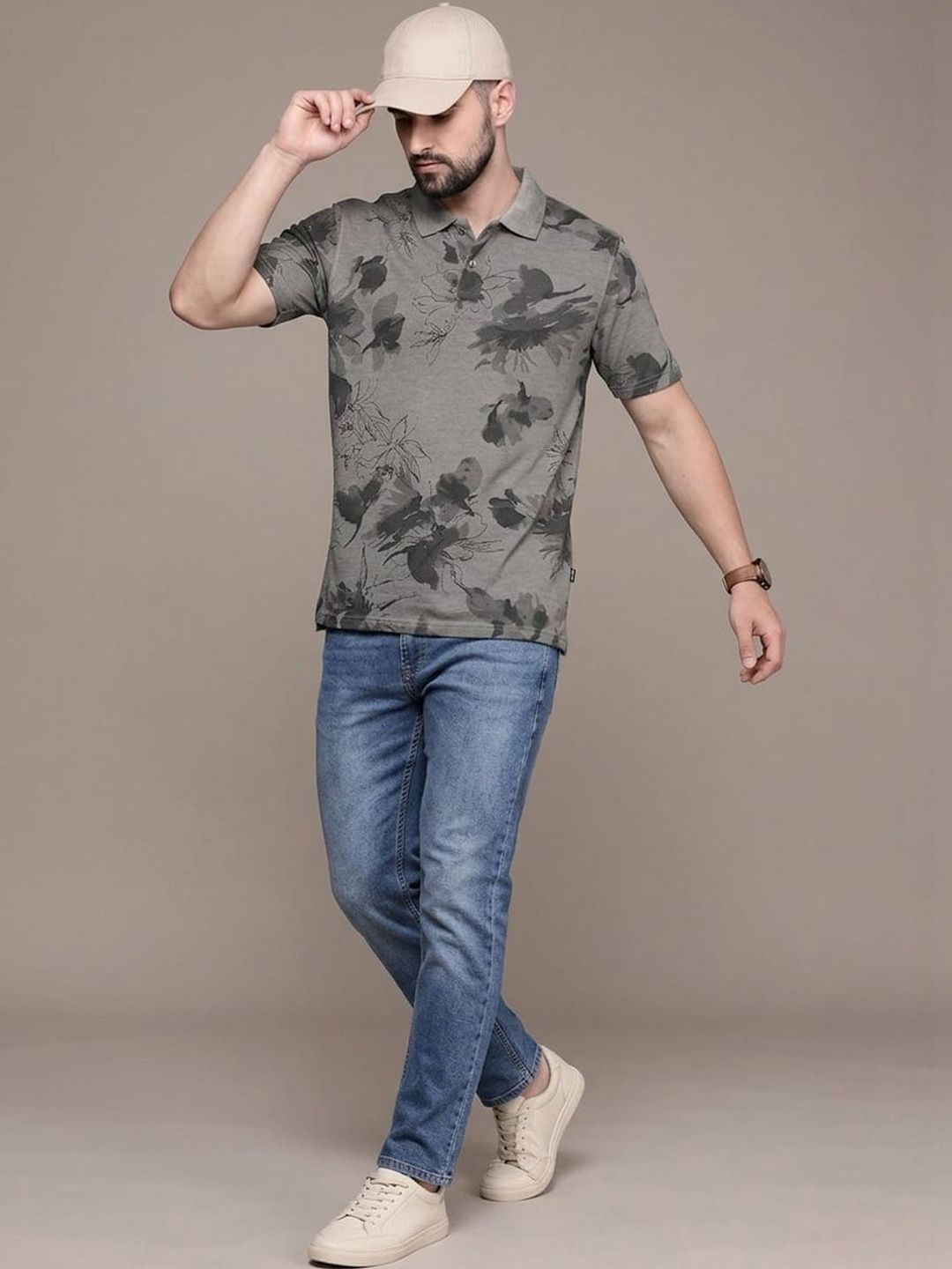 Kryptic Men Overdyed Pure Cotton Floral Printed Polo Collar T-shirt