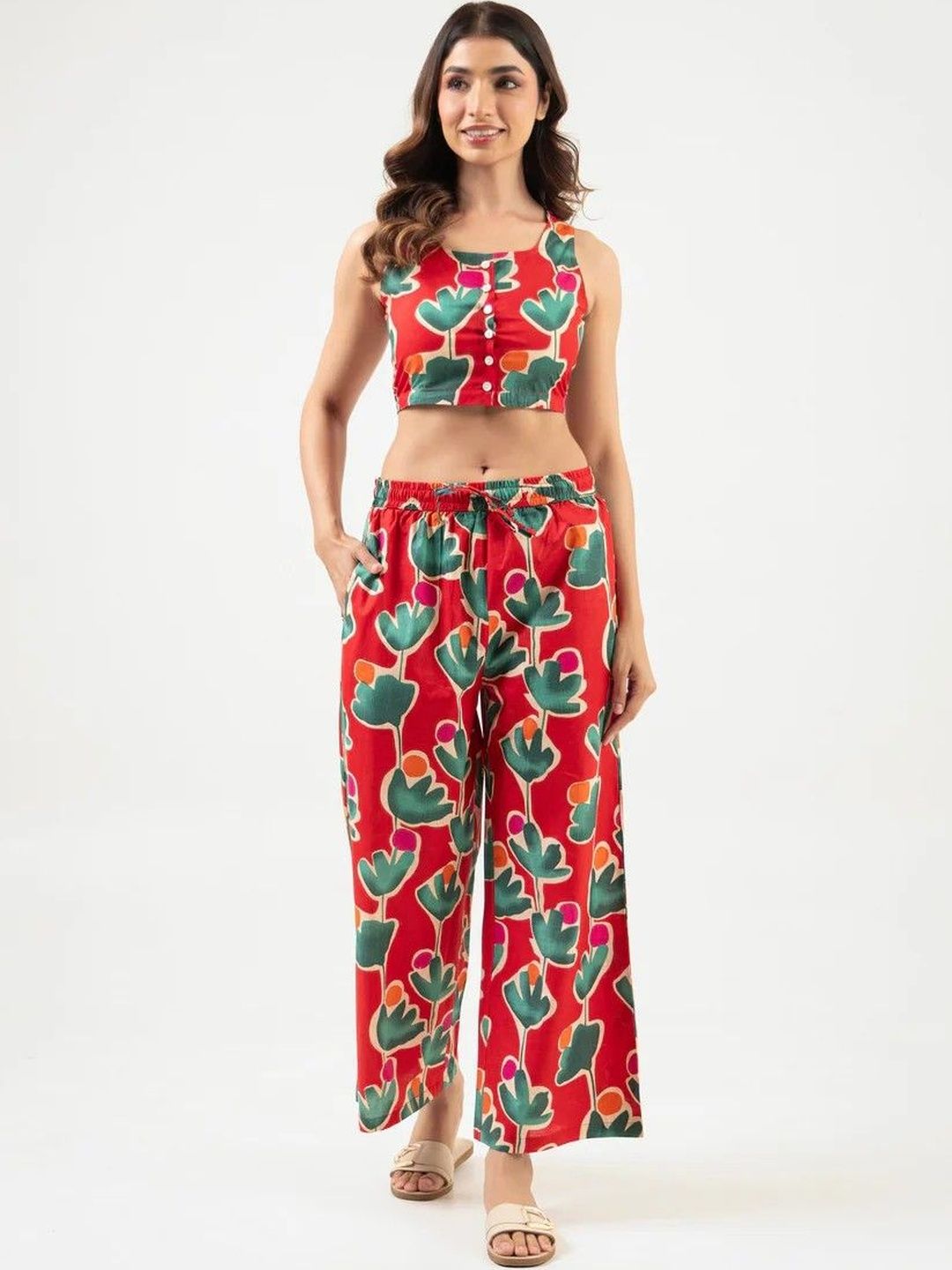 MALVERRA BY HOUSE OF MALKAA Tropical Cotton Printed Top with Palazzos