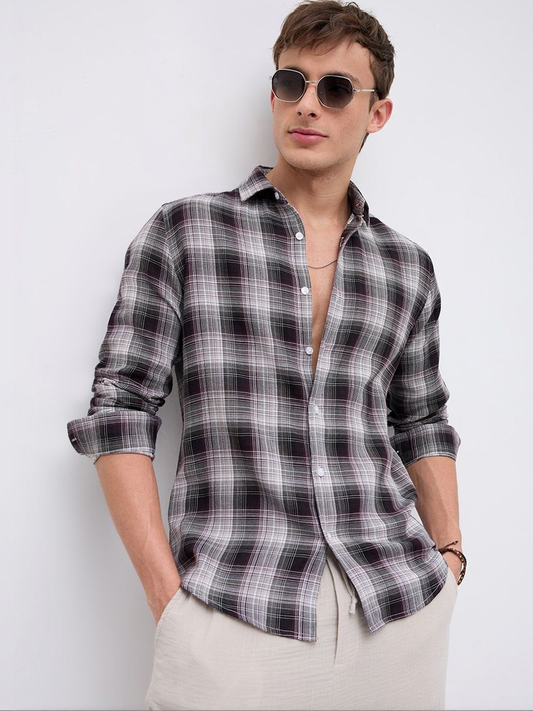 VASTRADO Classic Maroon & White Plaid Checks Shirt