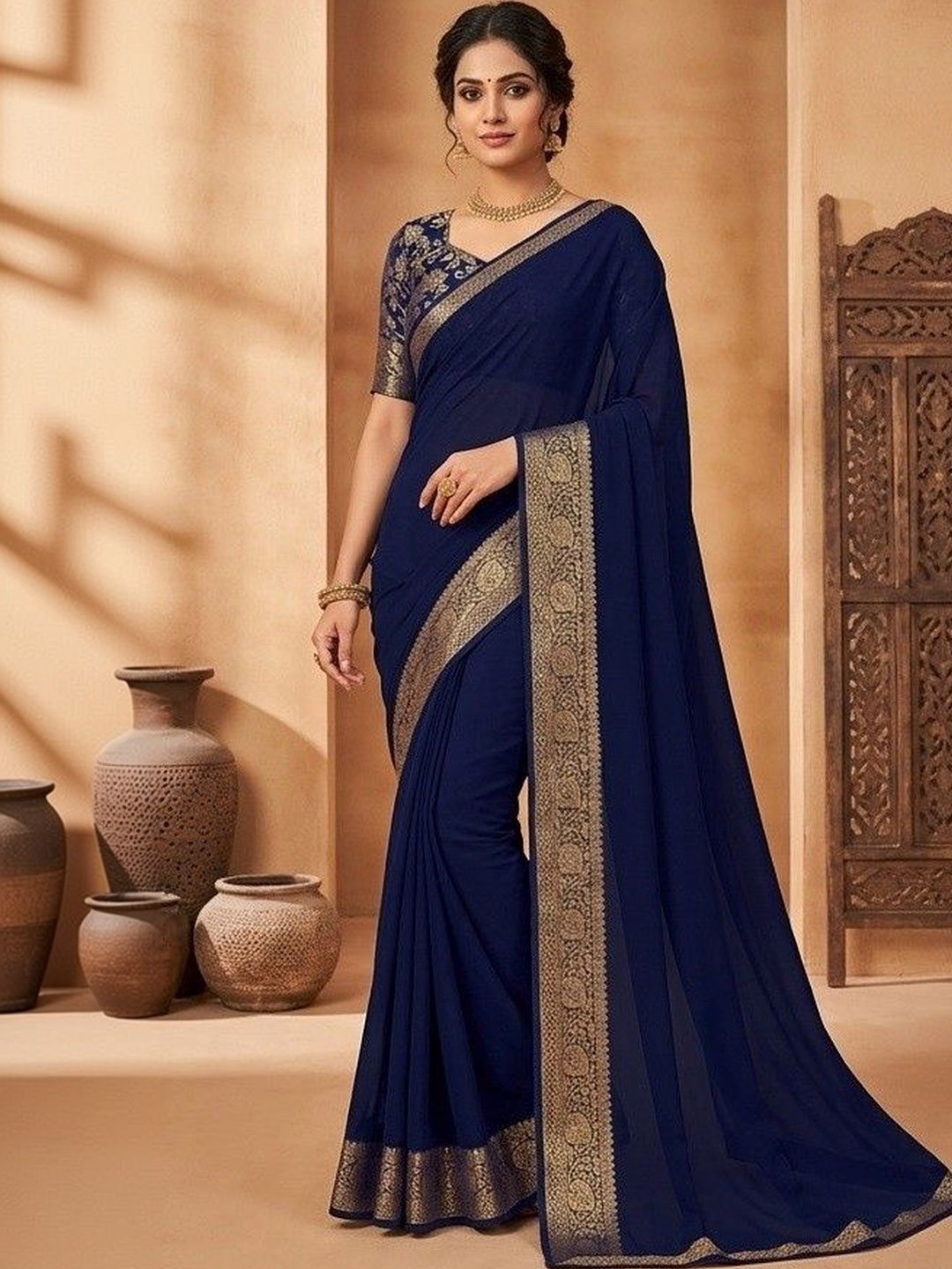 DURGA EMPORIO Woven Design Zari Pure Georgette Saree