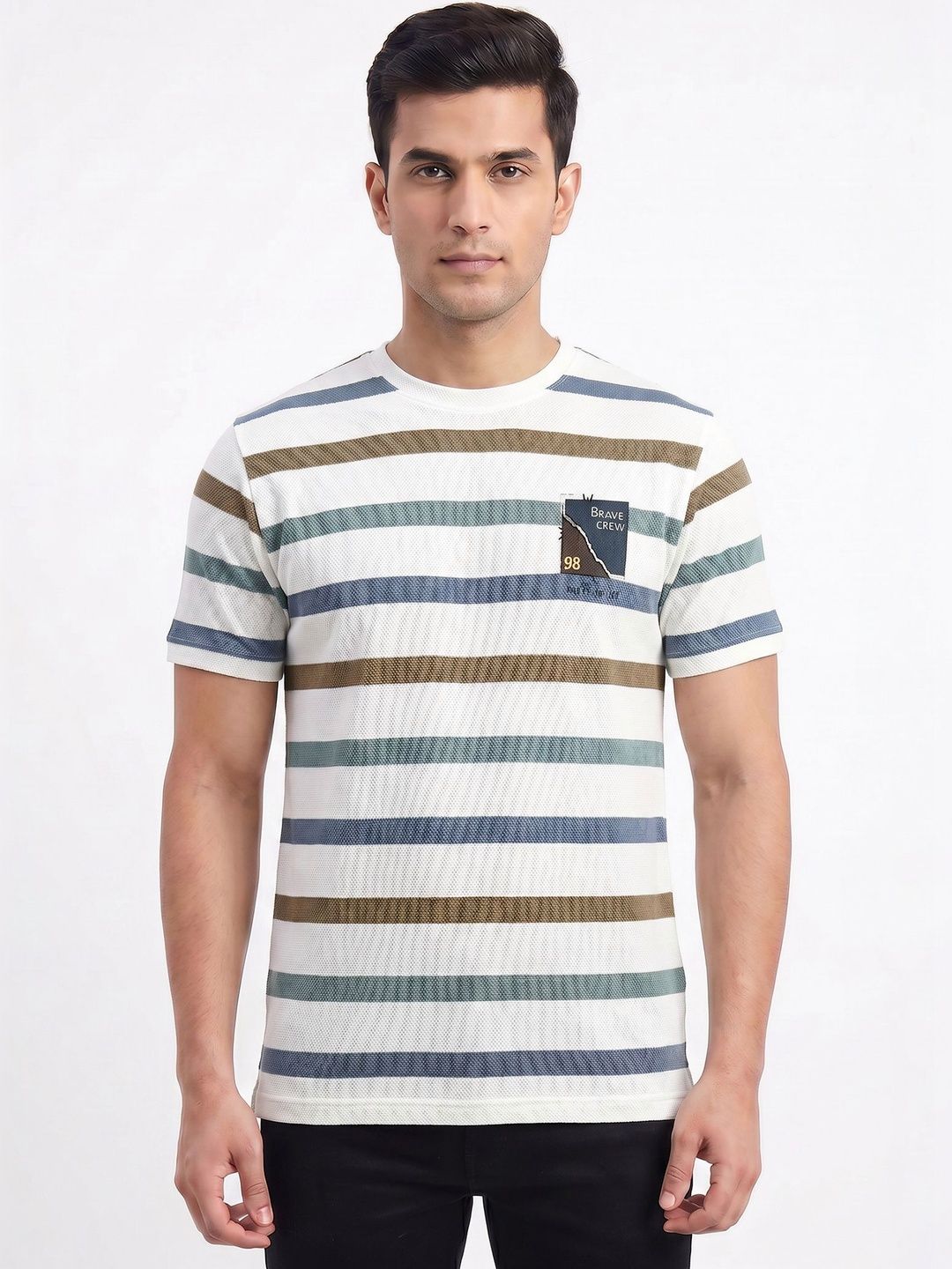Plugin Men Striped Applique T-shirt