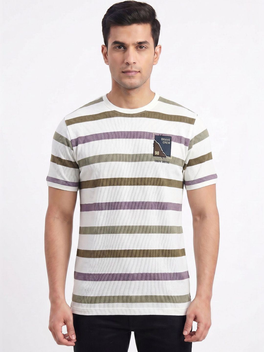 Plugin Men Striped Applique T-shirt