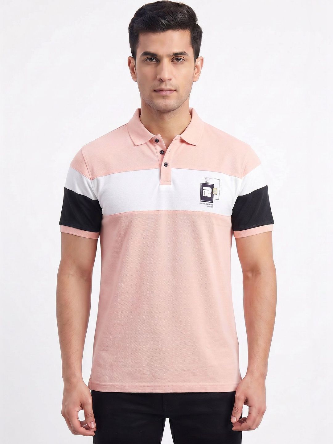 Plugin Peach Men Colourblocked Polo Collar T-shirt