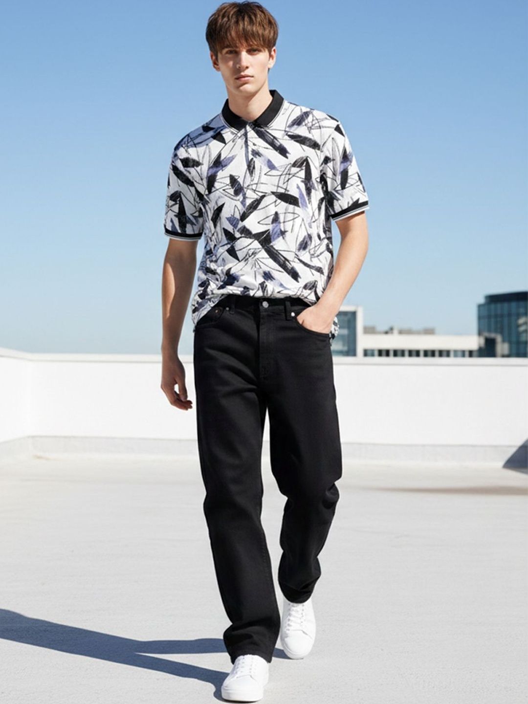 HERE&NOW Men Printed Polo Collar T-shirt