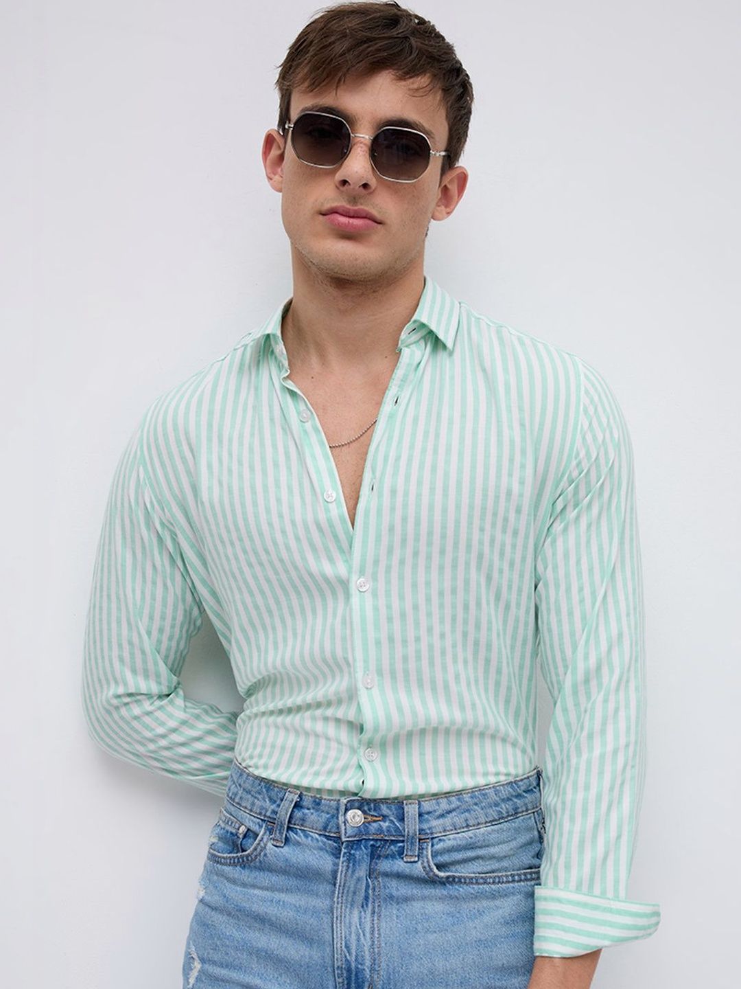 VASTRADO Mint Breeze Candy Striped Vacation Shirt