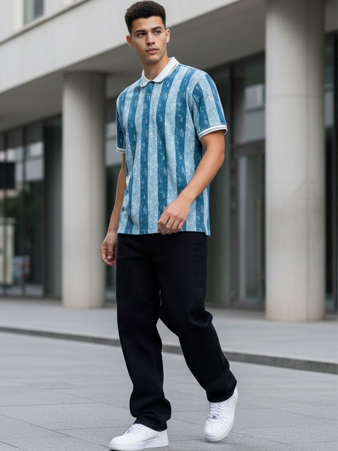 HERE&NOW Men Striped Polo Collar T-shirt