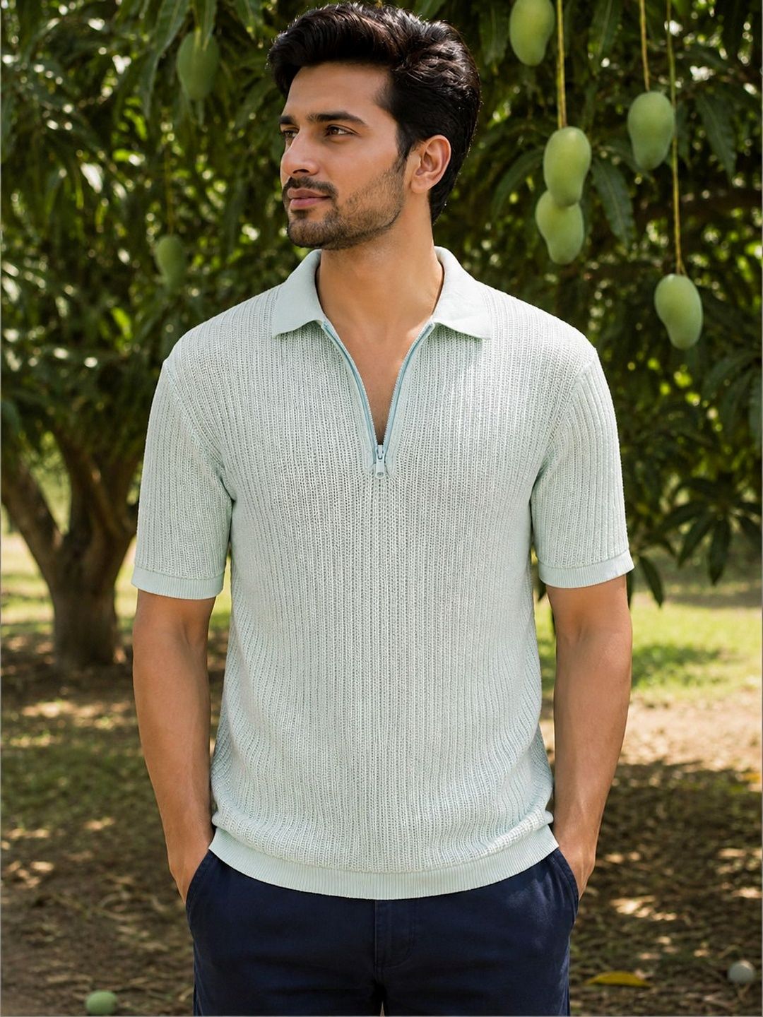 The Roadster Lifestyle Co Textured Pure Cotton Polo Collar Tshirt