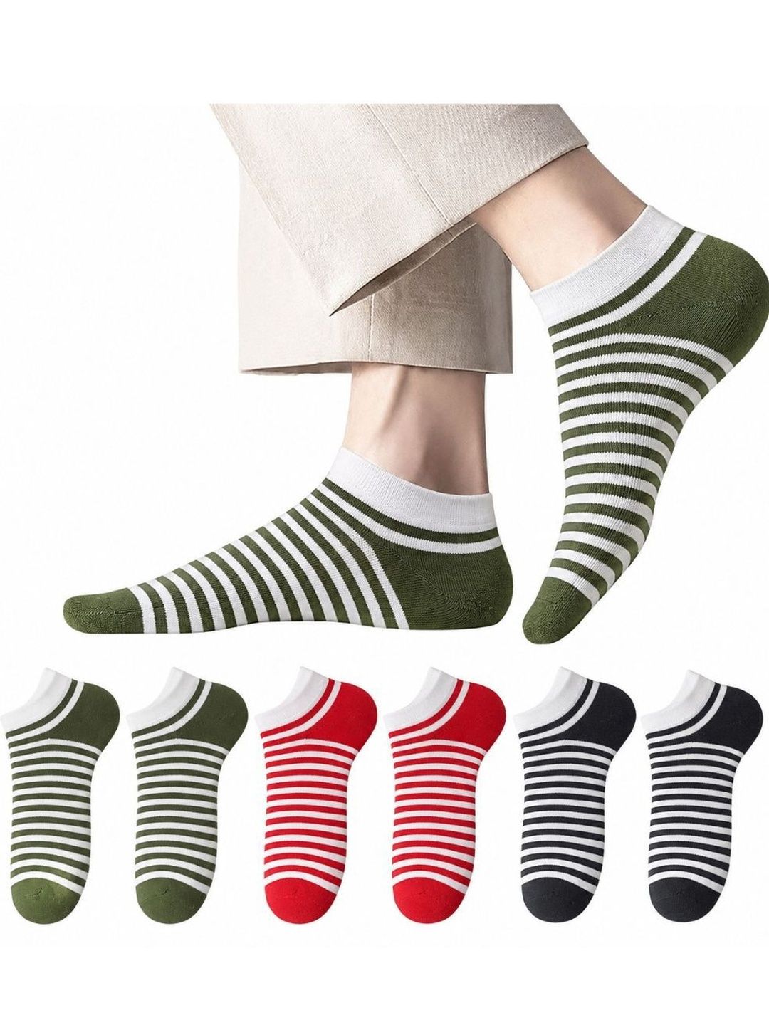 SOSHRE Unisex Pack of 3 Cotton Assorted Striped Ankle Length Socks