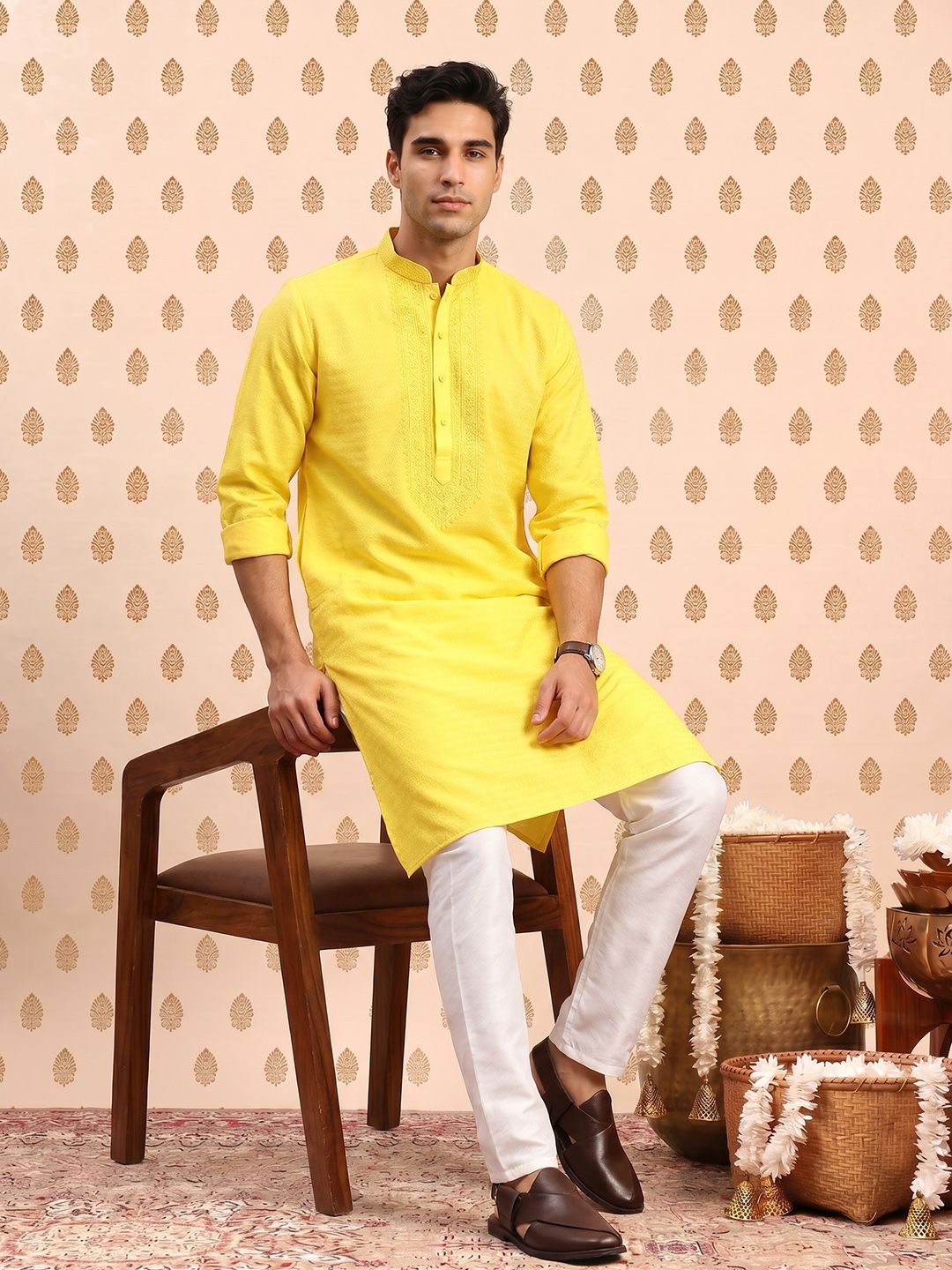 Cotton Kurta with Pyjamas SOURAGYA Ethnic Motifs Woven Design Thread Work Pure Cotton Kurta with Pyjamas