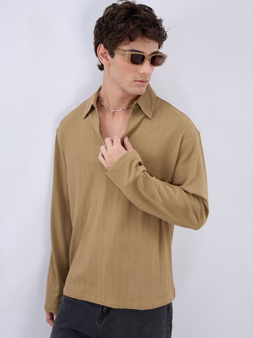 VASTRADO Soft Khaki Ribbed Textured Polo Oversized Knitted Shirt