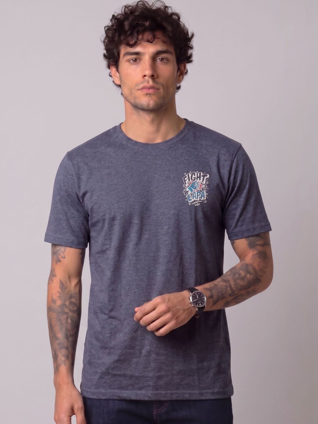 SANDPIPER Typography Printed Round Neck Short Sleeves Denim T-shirt