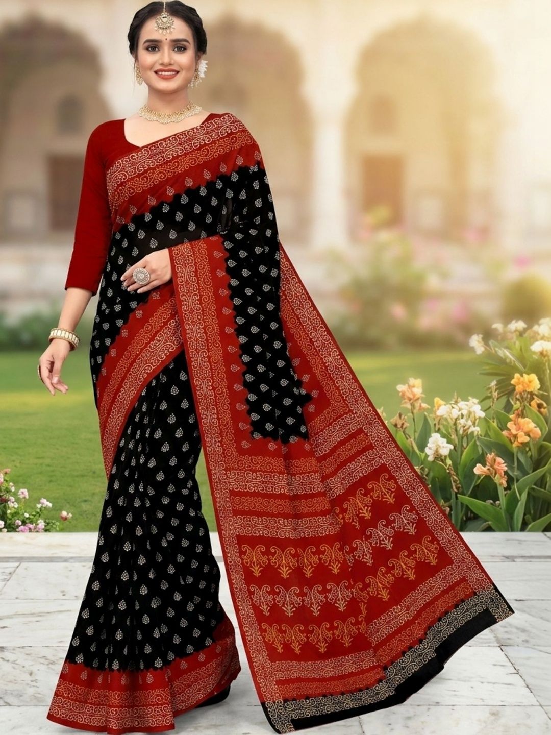 HERE&NOW X Minu Fashions Ethnic Motifs Designer Block Print Saree