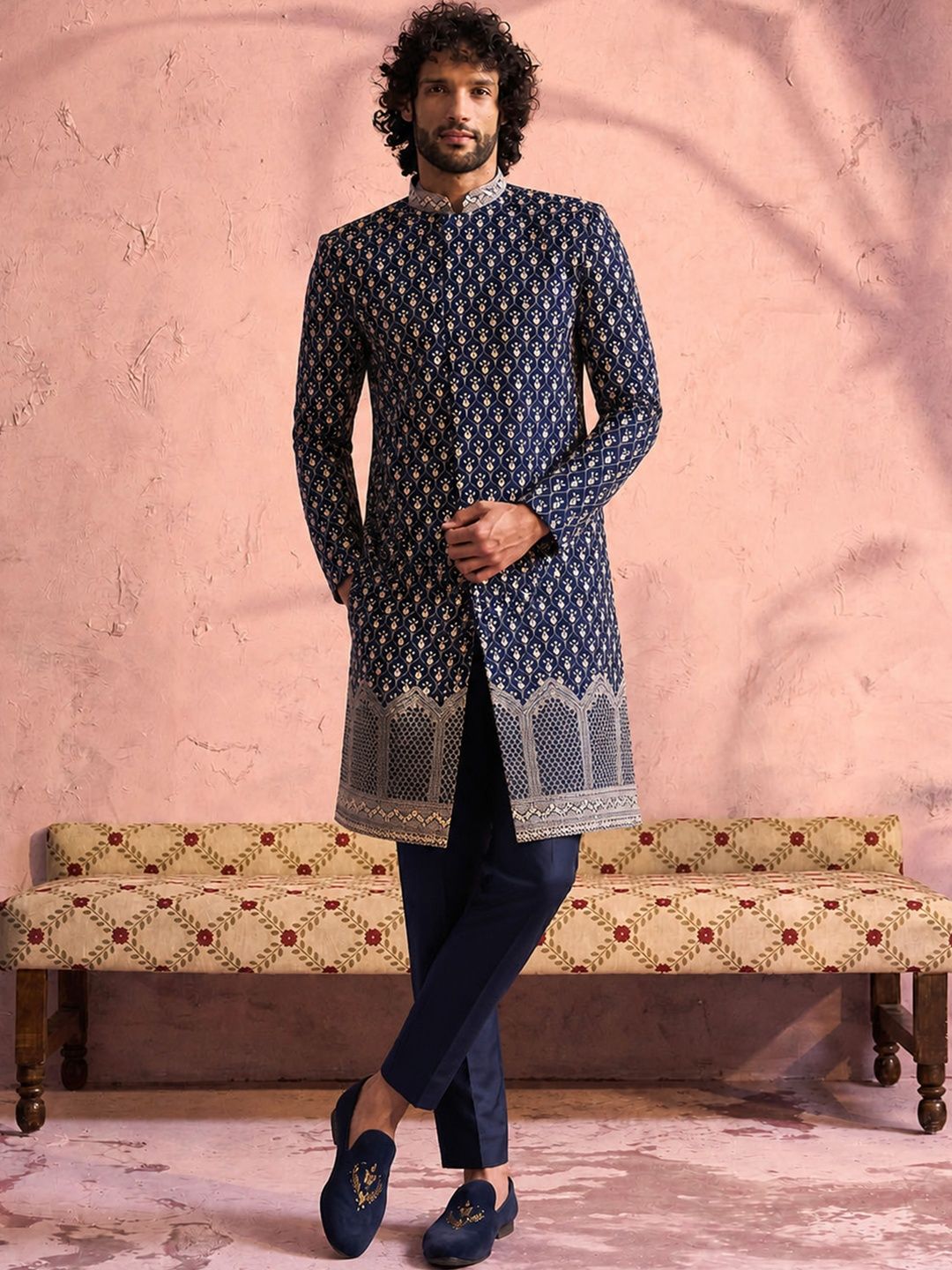 VASTRAMAY Embroidered Mandarin Collar Sherwani Set