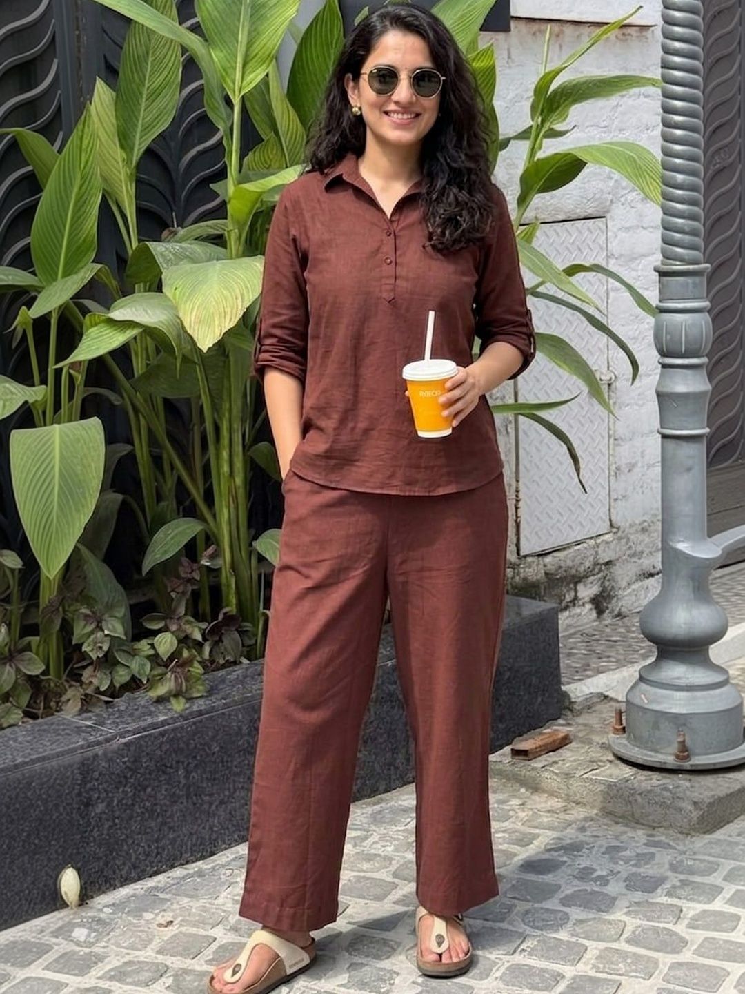 Sangria Cotton Solid Top with Trousers