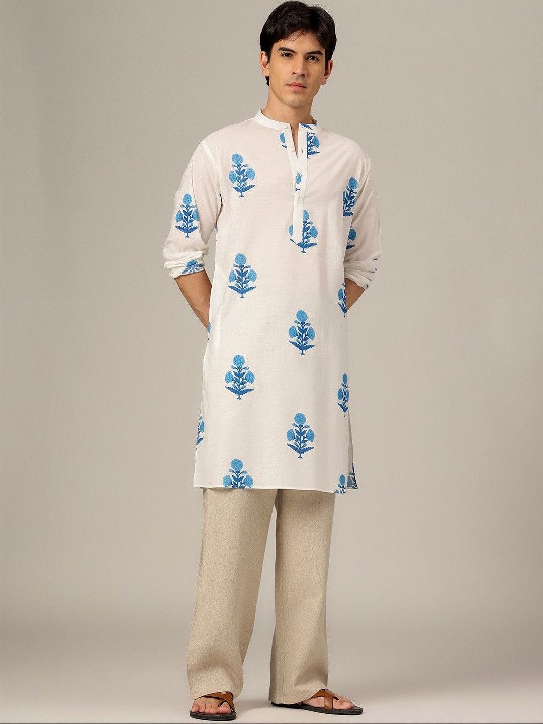 DENNISON Floral Block Printed Mandarin Collar Kurta