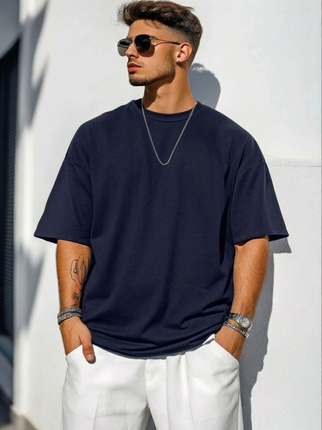 Derada Navy Blue Men Boxy T-shirt with Drop-Shoulder