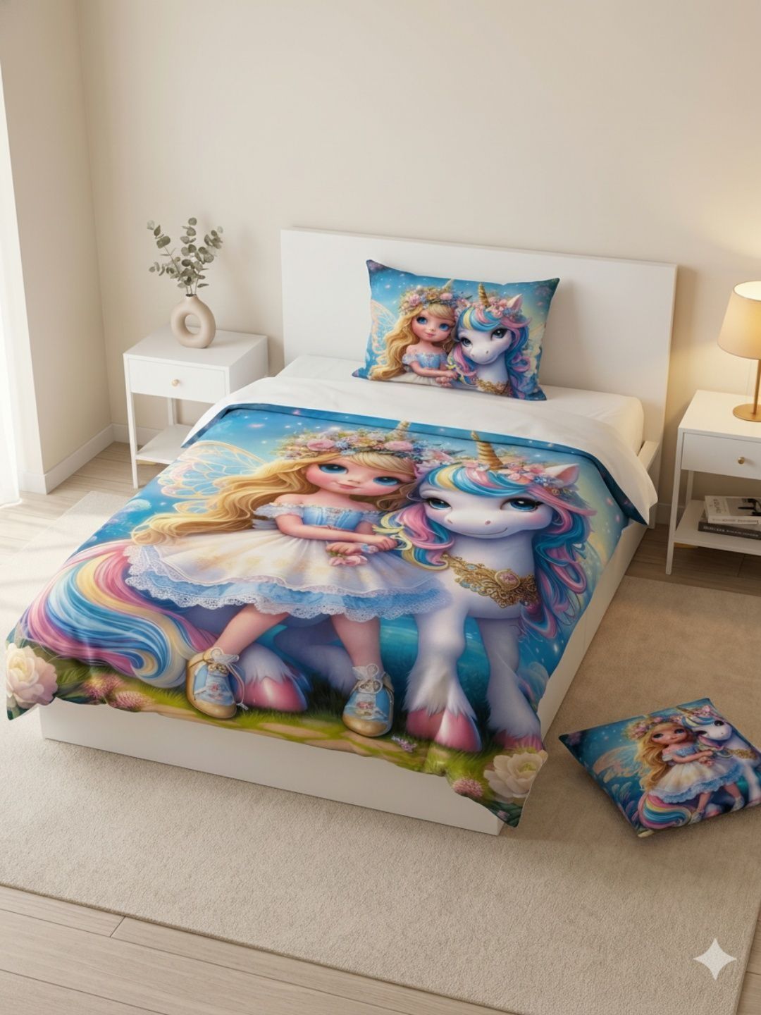 VAIKUNTH HOME Beige & Blue Floral 220 TC Single Bedsheet with 1 Pillow Covers