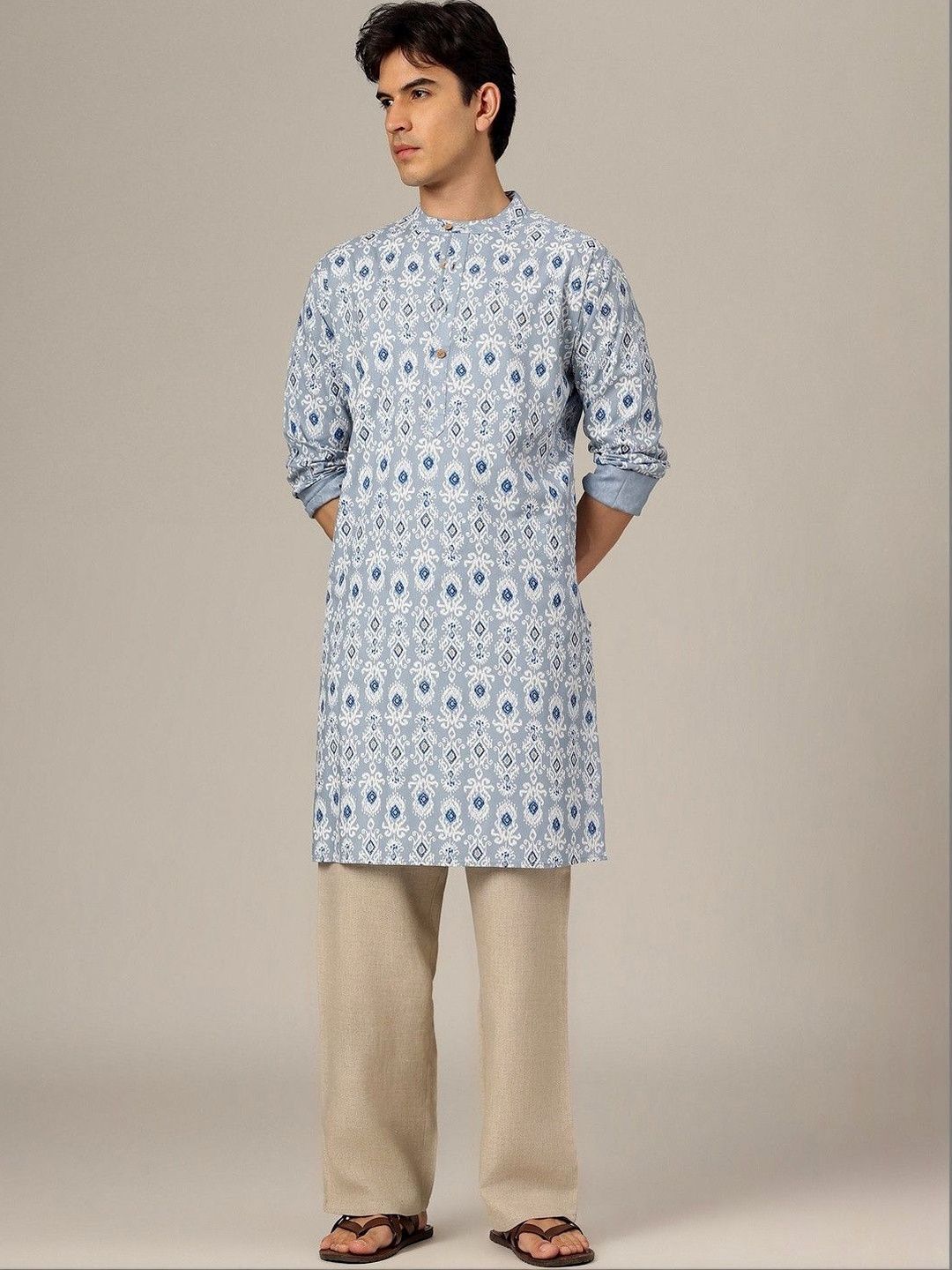 Ethnic Motifs Printed Kurta DENNISON Ethnic Block Printed Mandarin Collar Kurta