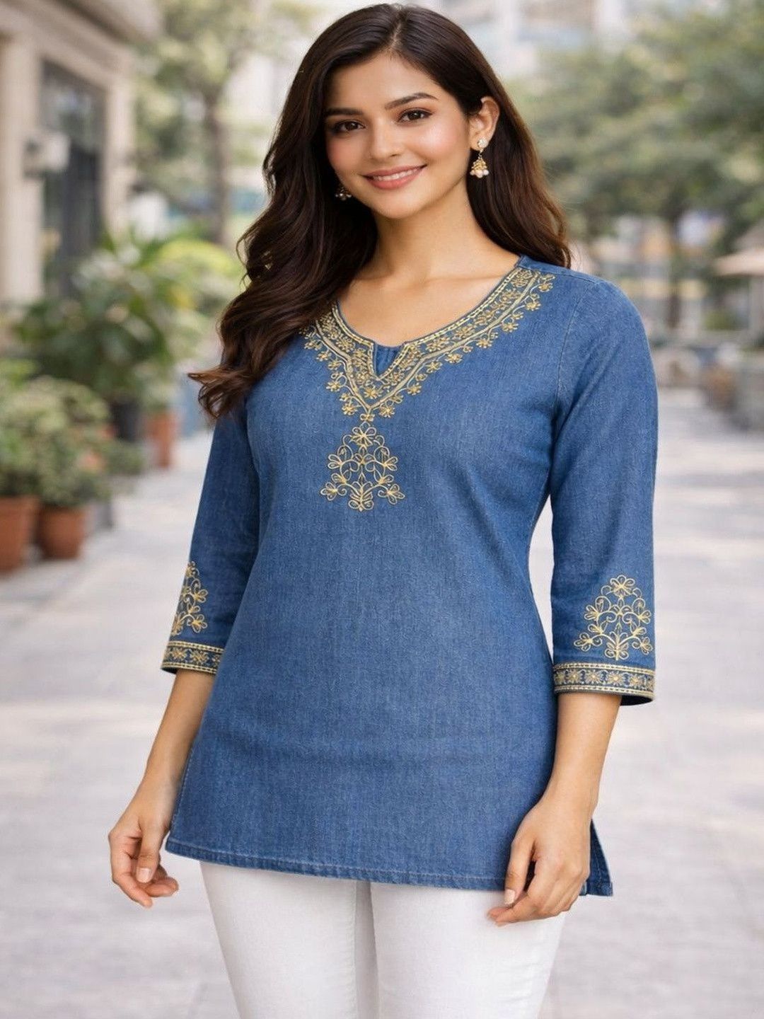 ESHMYRA Women Blue Denim Embroidered Short Kurti