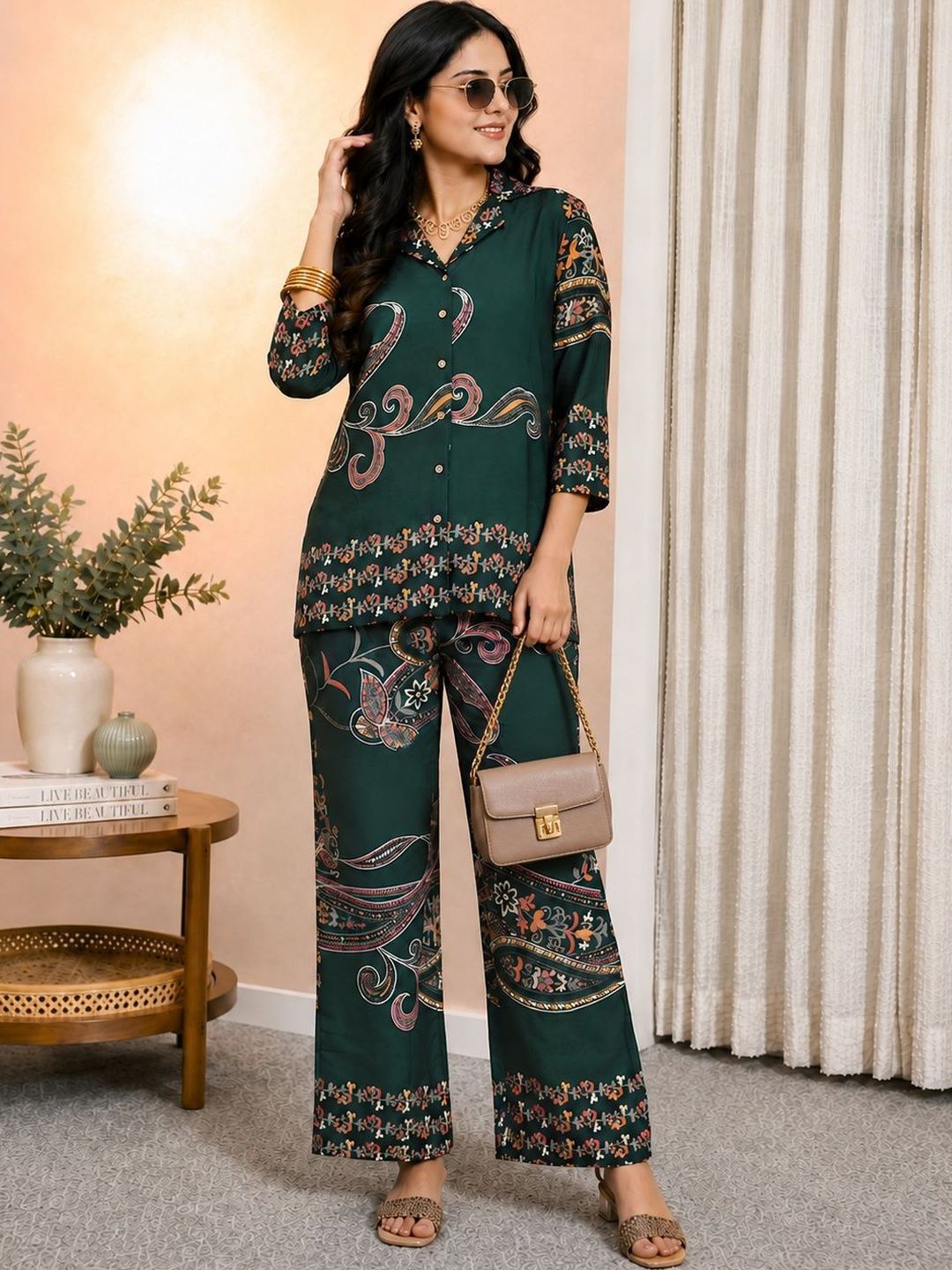 Claura Printed Shirt Collar Shirt With Trousers