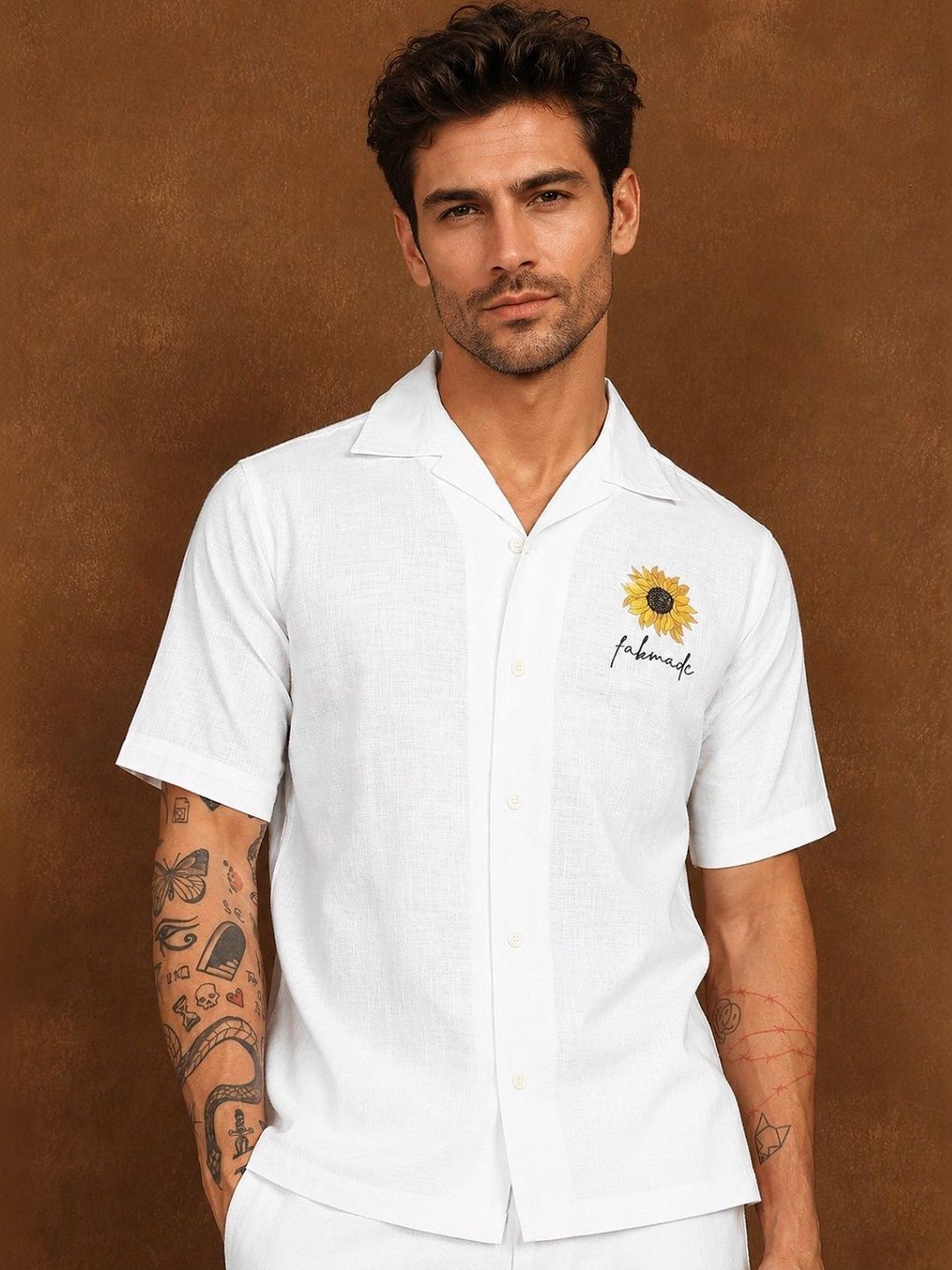 HERE&NOW Men White Sunflower Printed Shirt