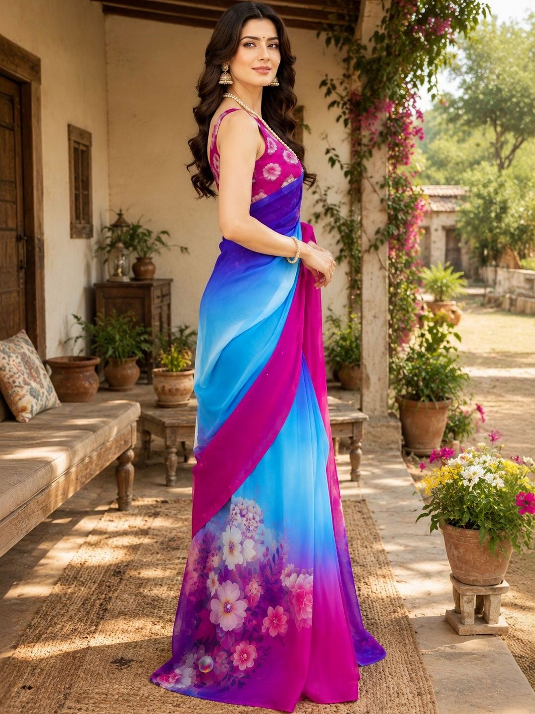 VIYONA FASHION Floral Poly Georgette Saree