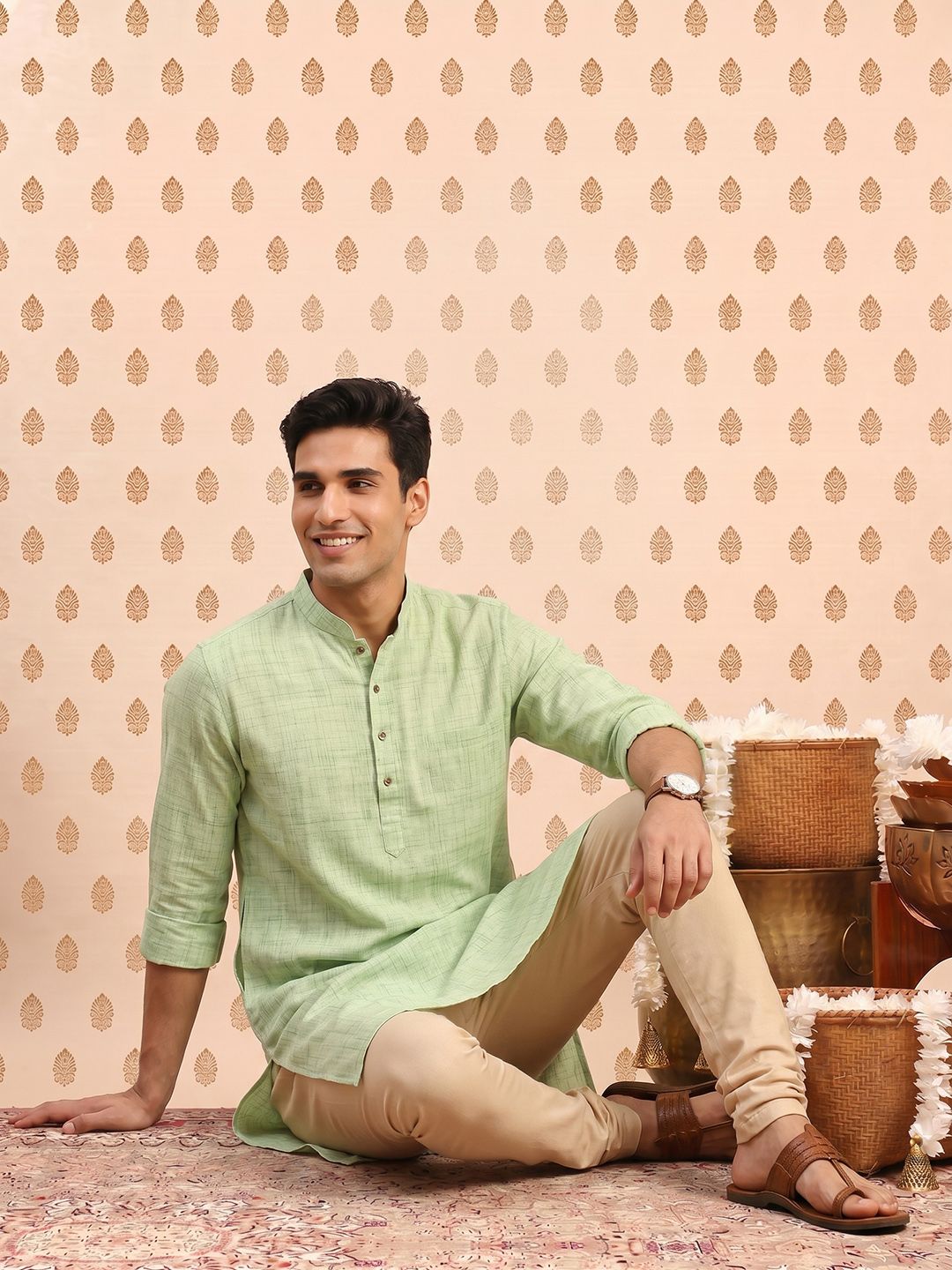 SOURAGYA Abstract Woven Design Mandarin Collar Kurta