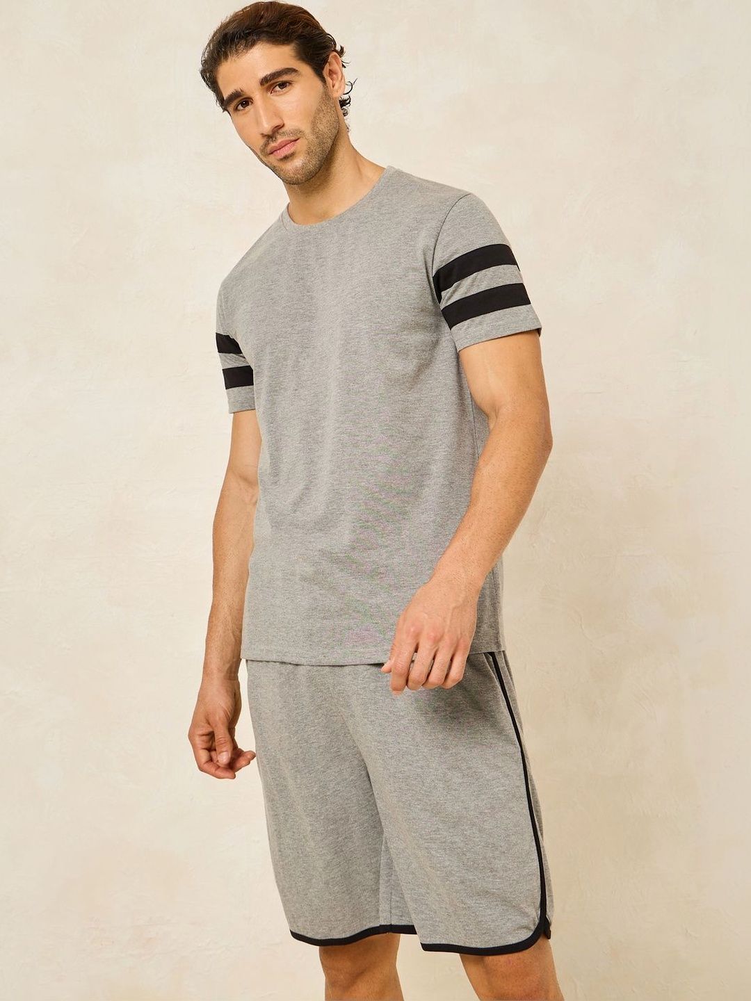 Styli Men Regular Fit Striped T-shirt and Short Set With Contrast Detail